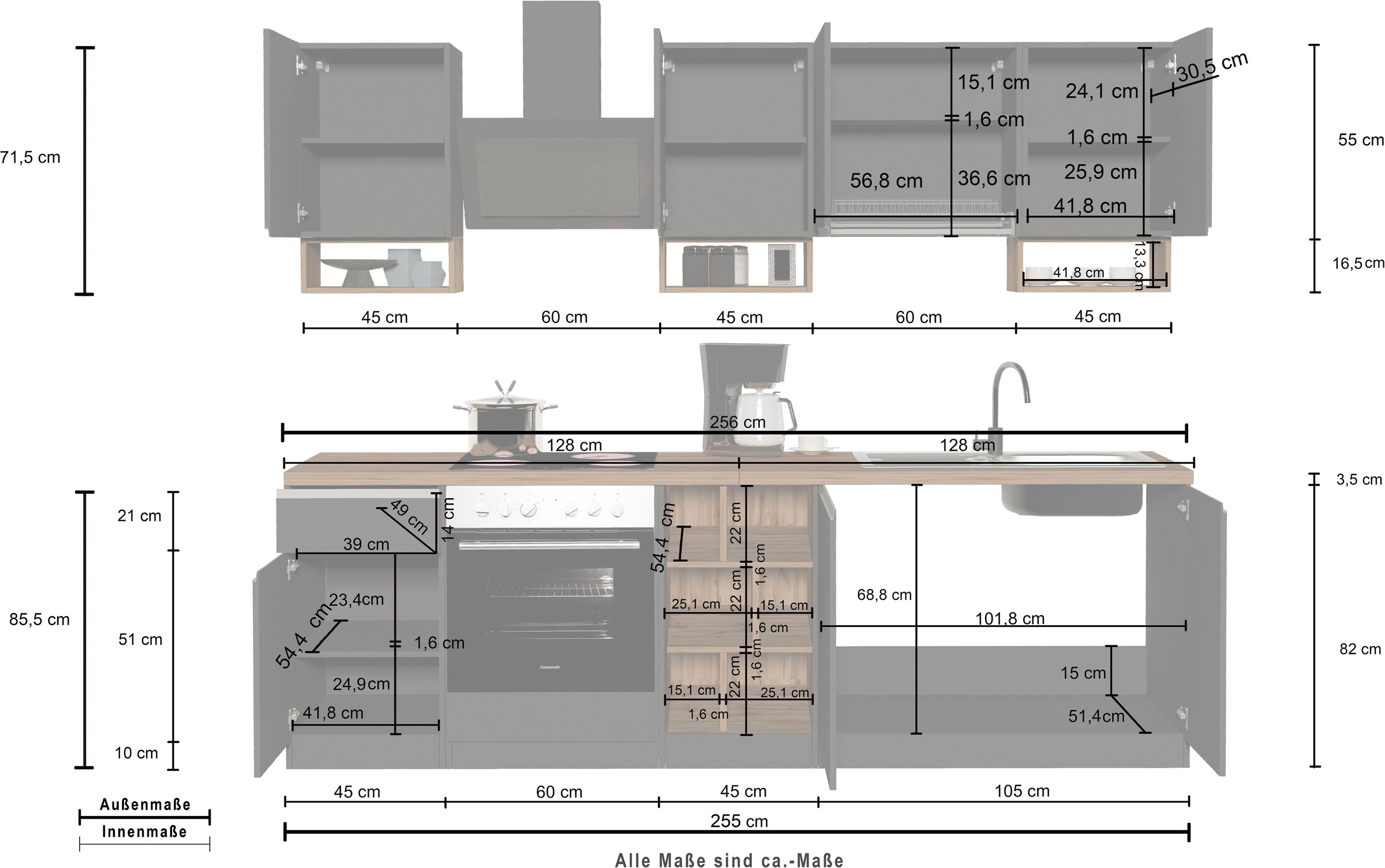 KOCHSTATION Kitchenette »KS-Sole« Breite 256 cm, mit Regalen und Fächern, ohne E-Geräte