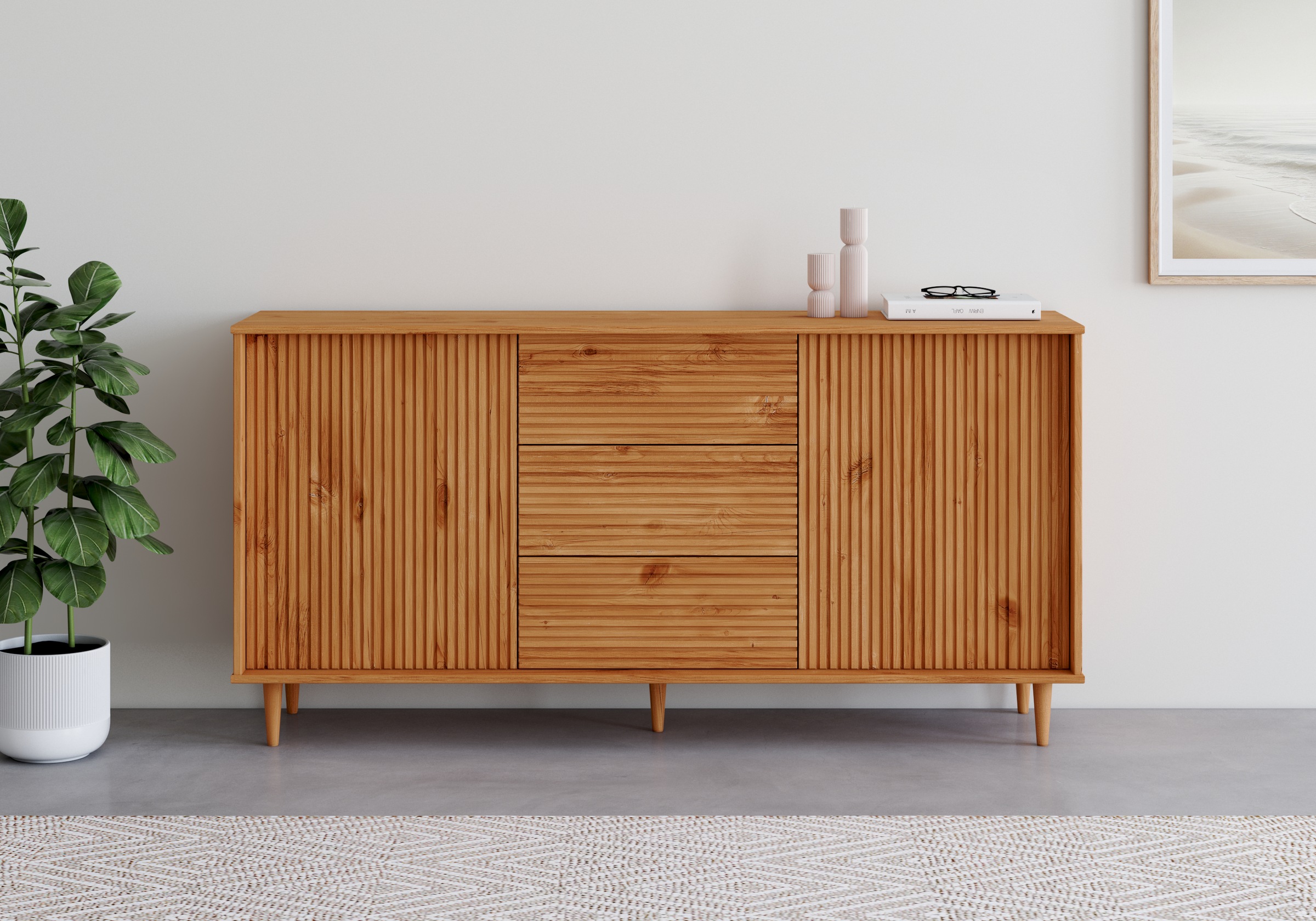 Image of GOODproduct Sideboard "Malmedy Front mit gefrästen Rillen" Kommode aus massivem Kiefernholz, Push-to-open, Breite 160 cm