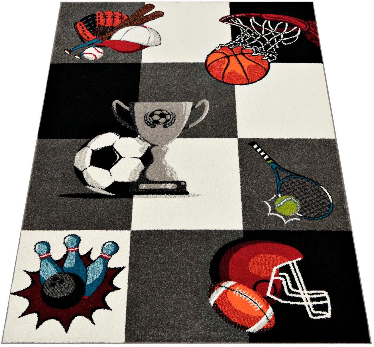 Image of Paco Home Kinderteppich »ECE 962«, rechteckig, 14 mm Höhe, Kurzflor, Motiv Sportarten (Fussball, Tennis, Basketball), Kinderzimmer bei Ackermann Versand Schweiz