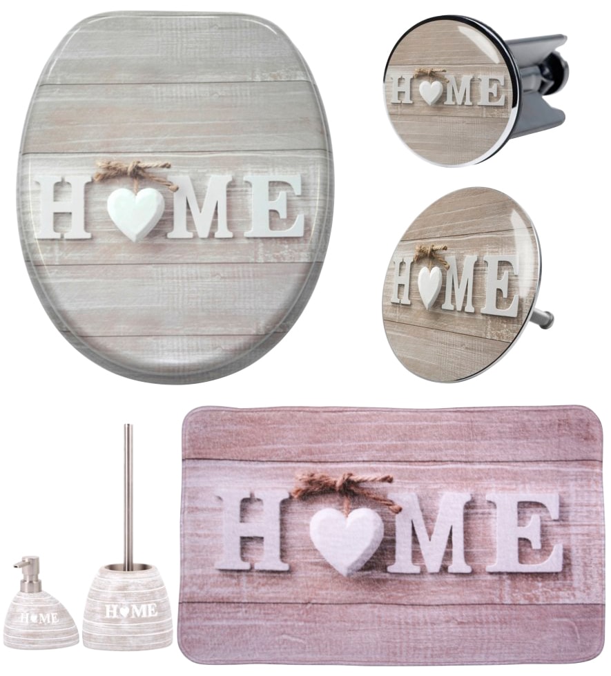 Image of Sanilo Badaccessoire-Set "Home" bestehend aus WC-Sitz, Badteppich, Stöpsel, Seifenspender, WC-Bürste