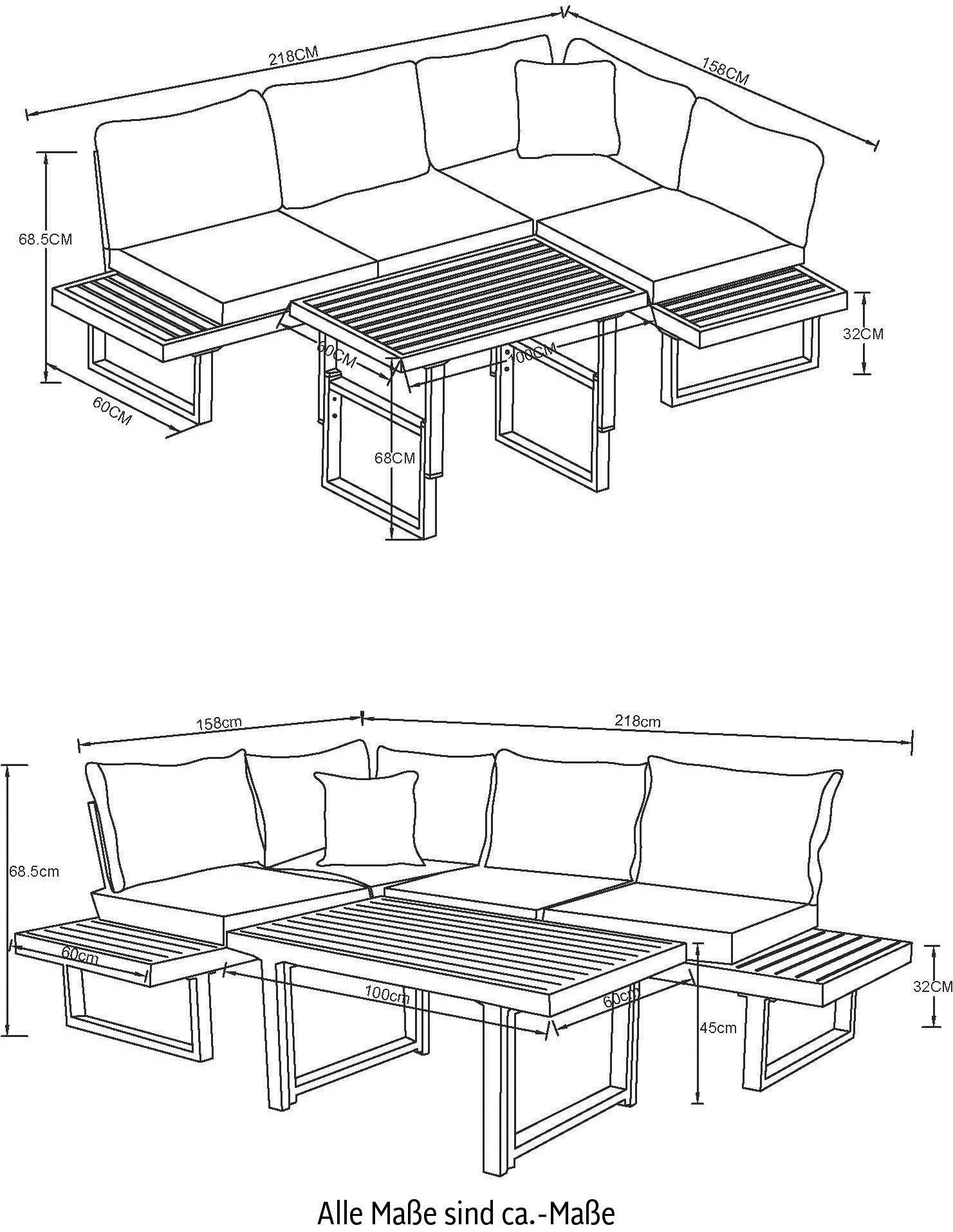 KONIFERA Gartenlounge-Set »Hamburg« Set, Tisch:100x60x60/40cm,abnehmbare Rückenlehnen ,individuell aufstellbar, 14 Stk. tlg. höhenverstellbarer Tisch, inkl. Schutzhülle, Aluminiumgestell