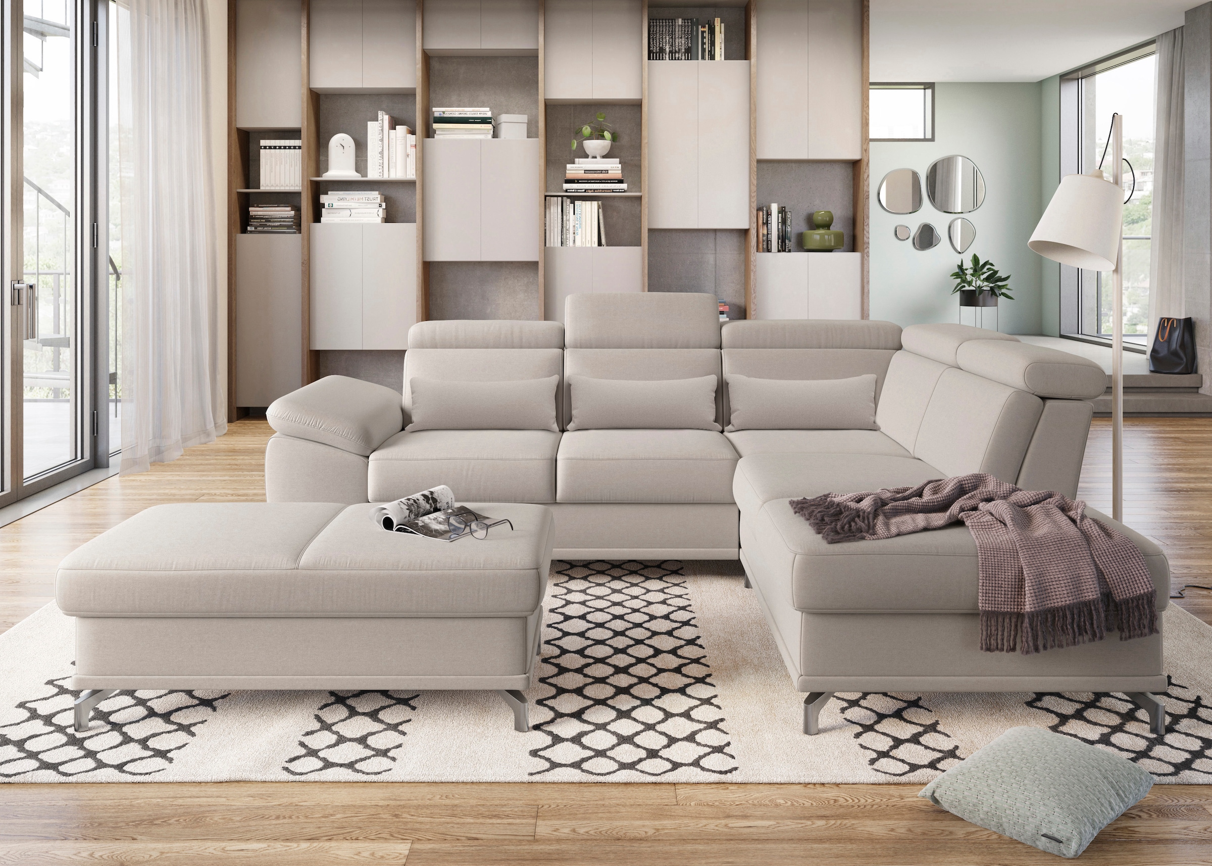 sit&more Ecksofa »Cabrio L-Form, mit Sitztiefenverstellung, Arm- und Kopfteilverstellung«, 3 Nierenkissen, Federkern, optional Bettfunktion und Stauraum