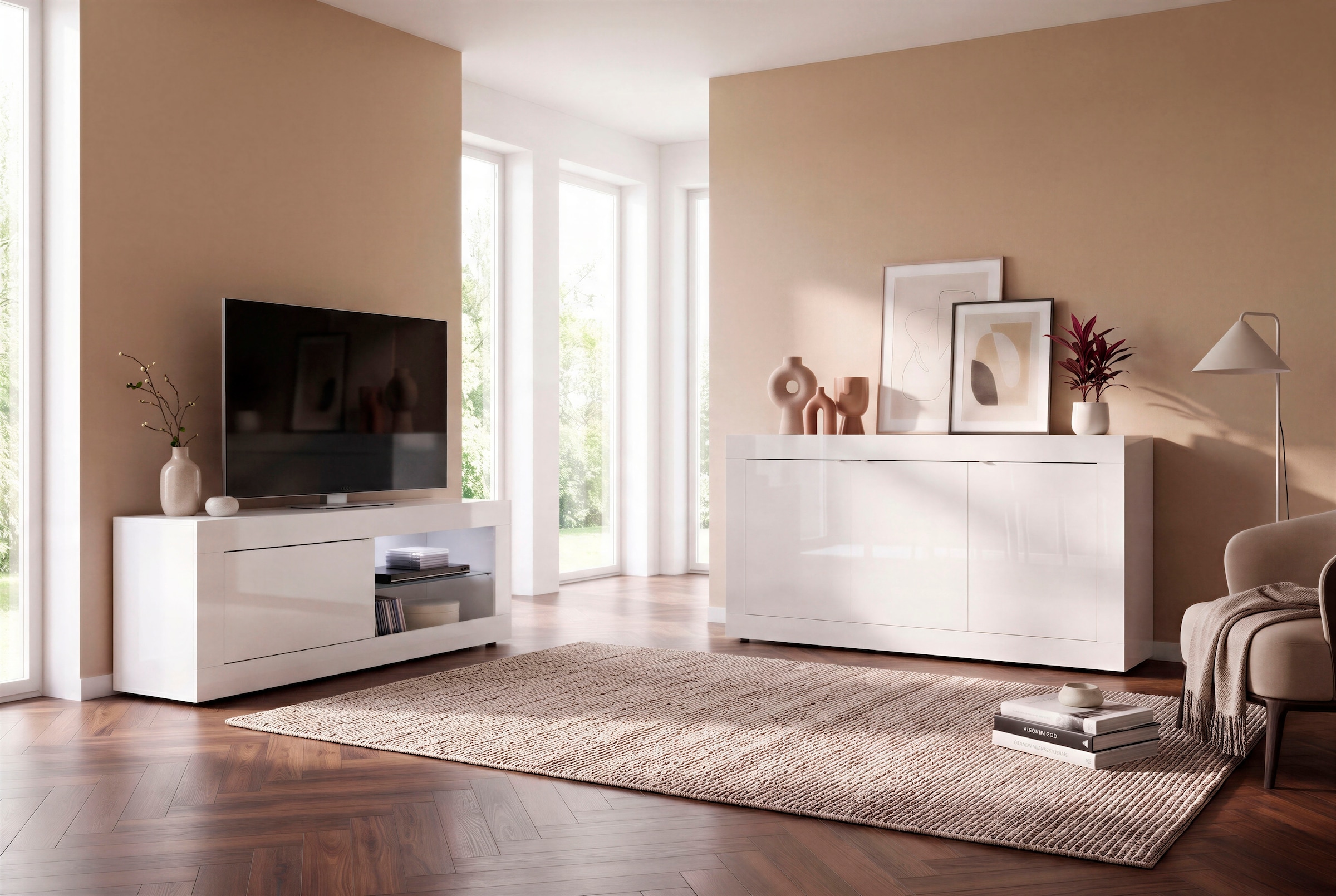 Home affaire Table basse »Basic Breite 140 cm, TV-Board 1 Tür, 2 offene Fächer (Glasboden),« meuble TV, poignée métal, design cadre moderne, choix de couleurs