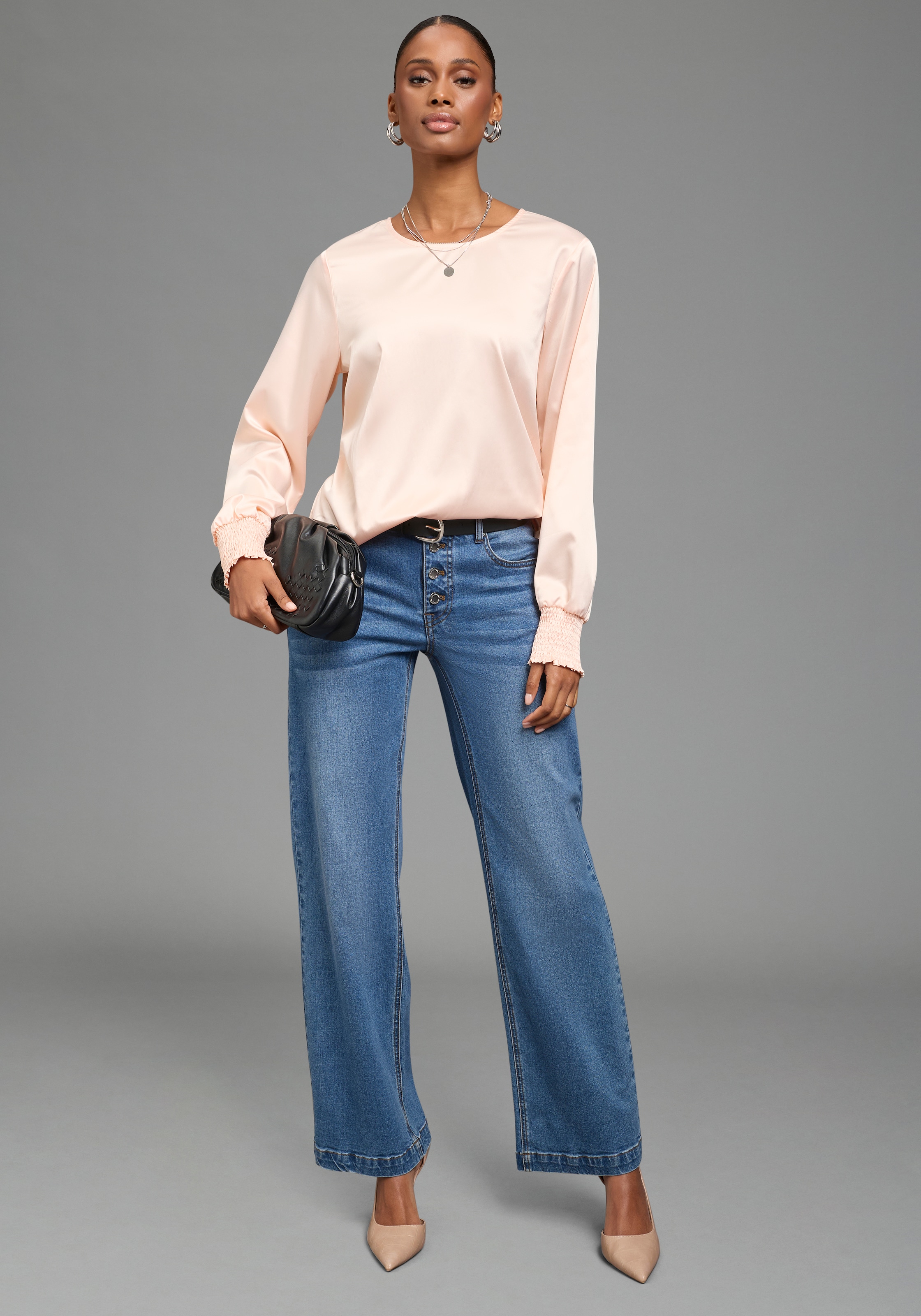 Laura Scott Blouse à enfiler Blouse en satin festive, bord côte élastique aux manches, tissu brillant