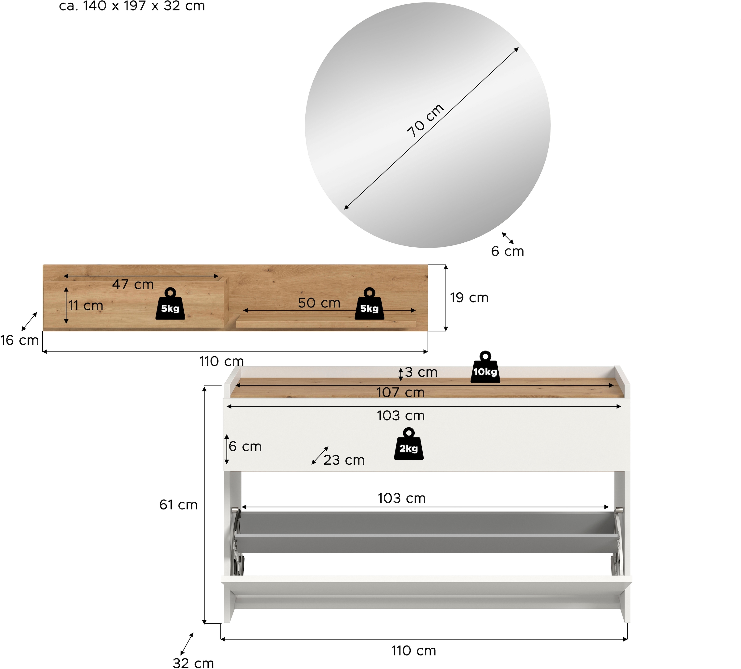 Home affaire Garderoben-Set »EVRID, 3-teilig, Breite 140 cm, individuell hängbar & erweiterbar« best. aus: Kommode, Wandboard & Spiegel, 3 Stk. tlg.