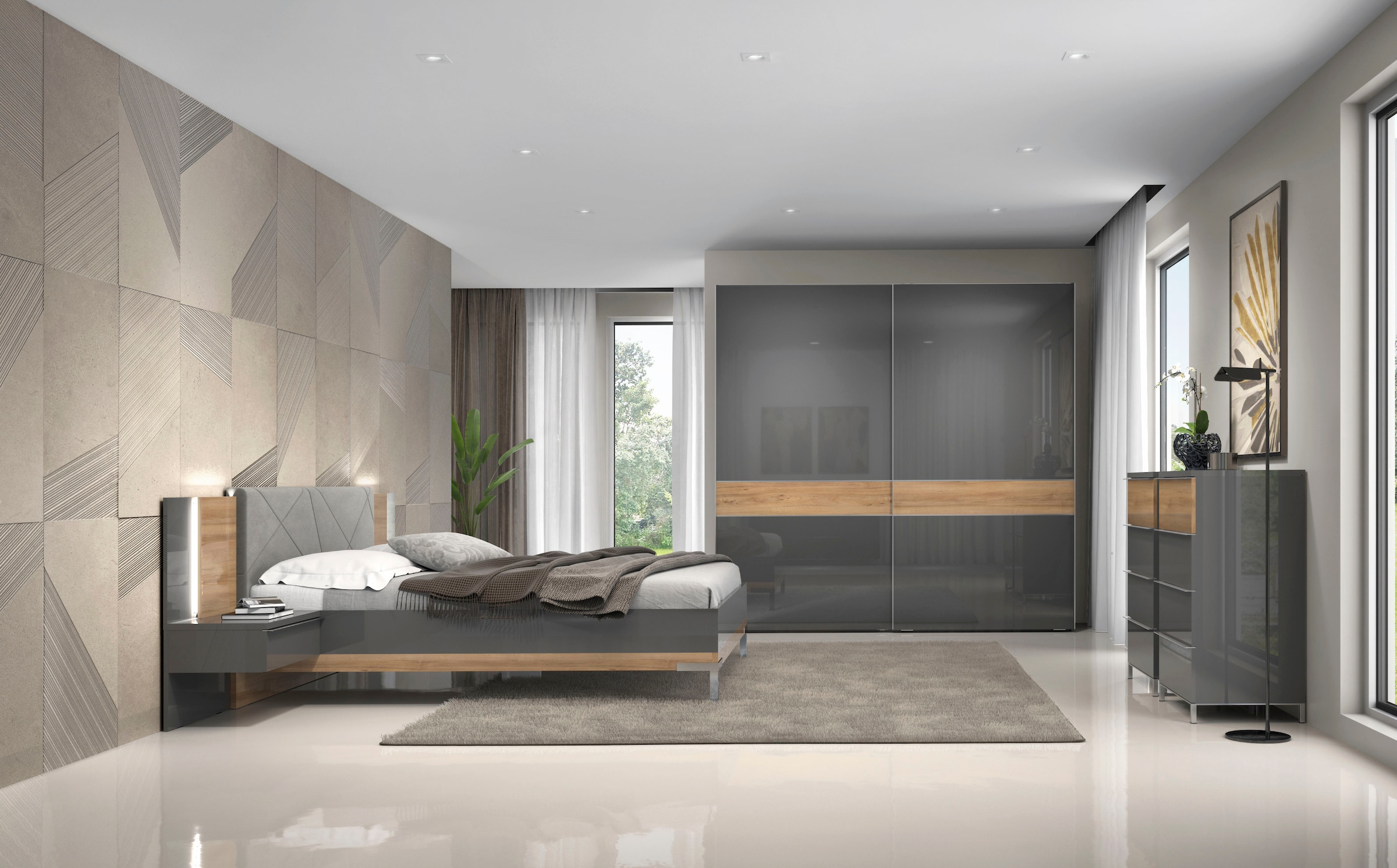 GOODproduct Sommier »Onyx, FSC-zertifiziert, hochwertige UV Lackierung Hochglanz anthrazit« avec pieds en métal,  avec tête de lit rembourrée, surface de couchage 160x200 cm