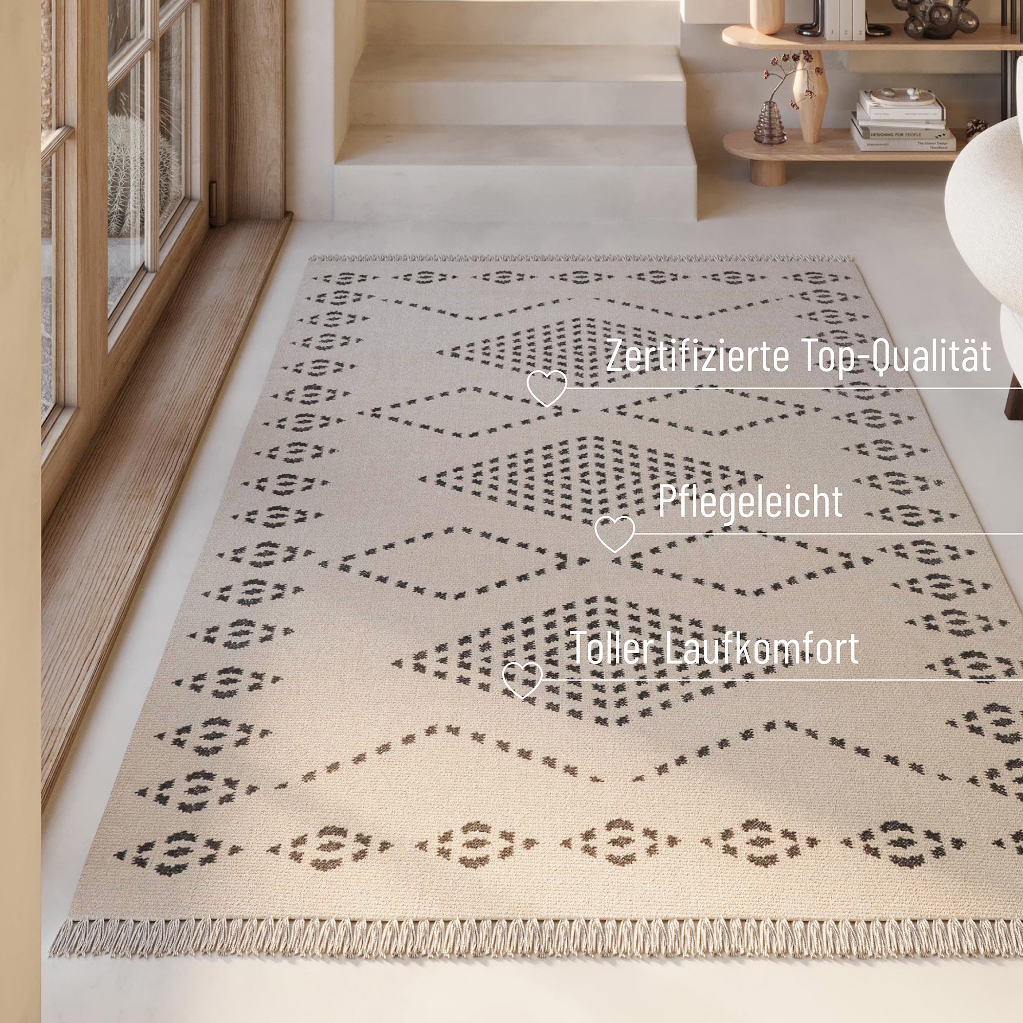 Green Looop Wollteppich »Belmont« rechteckig 5 mm Höhe Fransen, Kelim, handgewebt, Natur, Wohnzimmer, Schlafzimmer, Raute