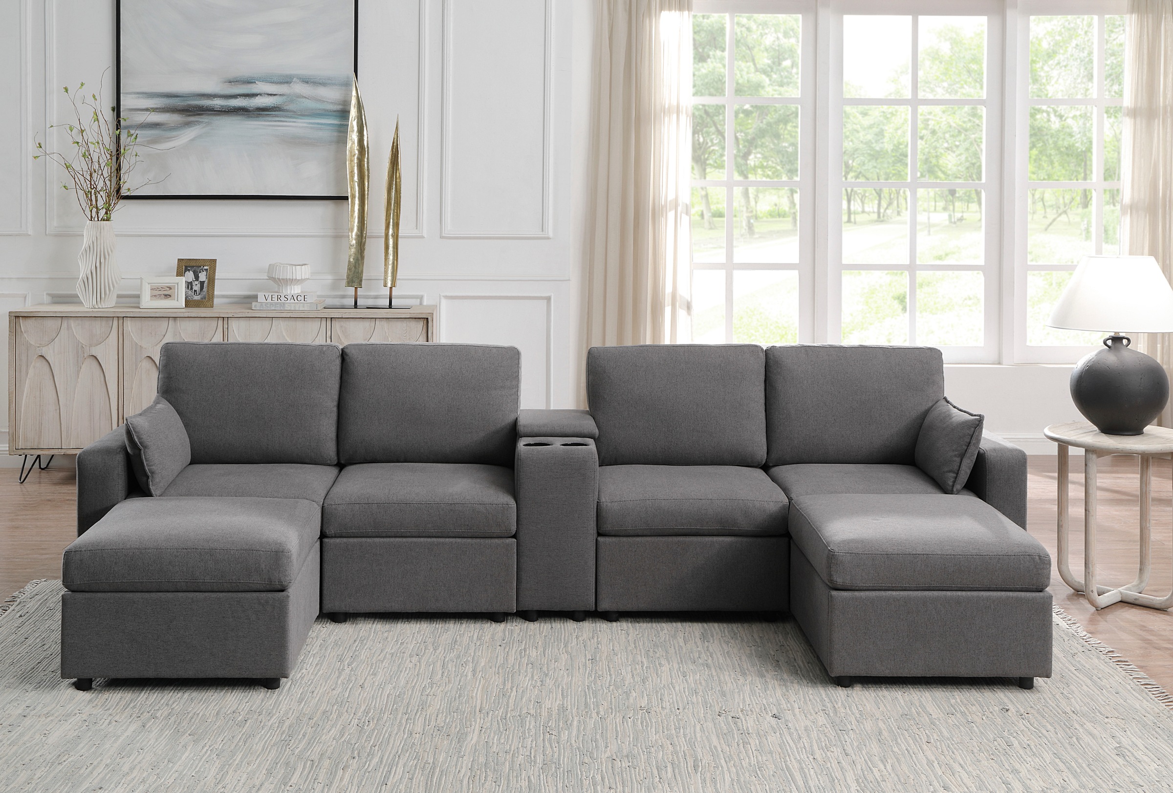 Image of GOODproduct Wohnlandschaft "Ulrik, U-Form, Breite: 315cm" mit Stauraum unter den Sitzen, inkl Stauraumkonsole mit Becherhaltern