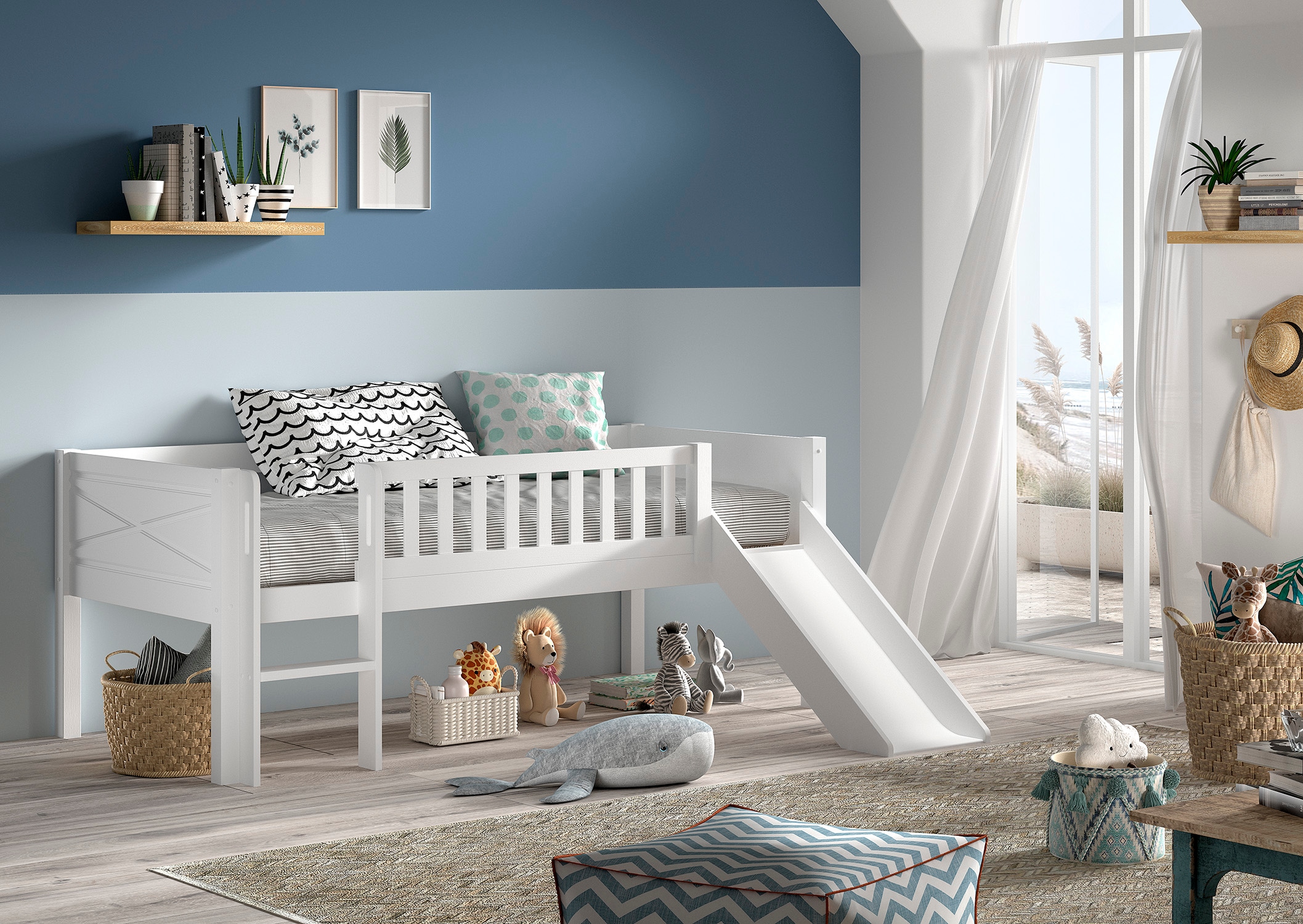 Vipack Spielbett »Scott mit niedriger Einstiegshöhe inkl. Leiter, Rutsche und Rollnrost« in Kiefer massiv, weiss 90x200 cm, wahlweise ohne und mit Rollboxen