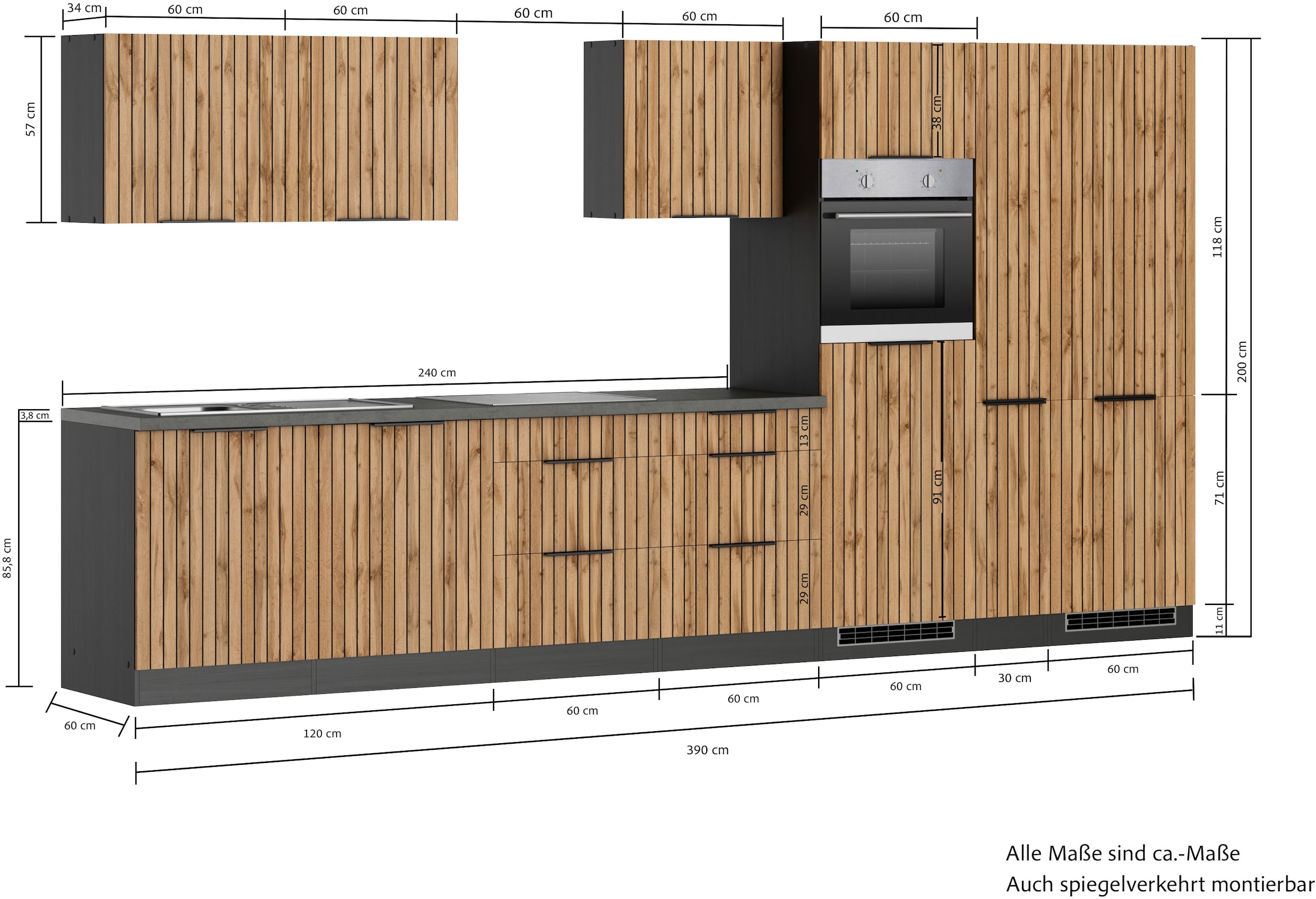 KOCHSTATION Kitchenette »KS-Lagos, Breite 390 cm, wahlweise mit E-Geräten« plaque de cuisson gaz ou induction, évier inox ou noir