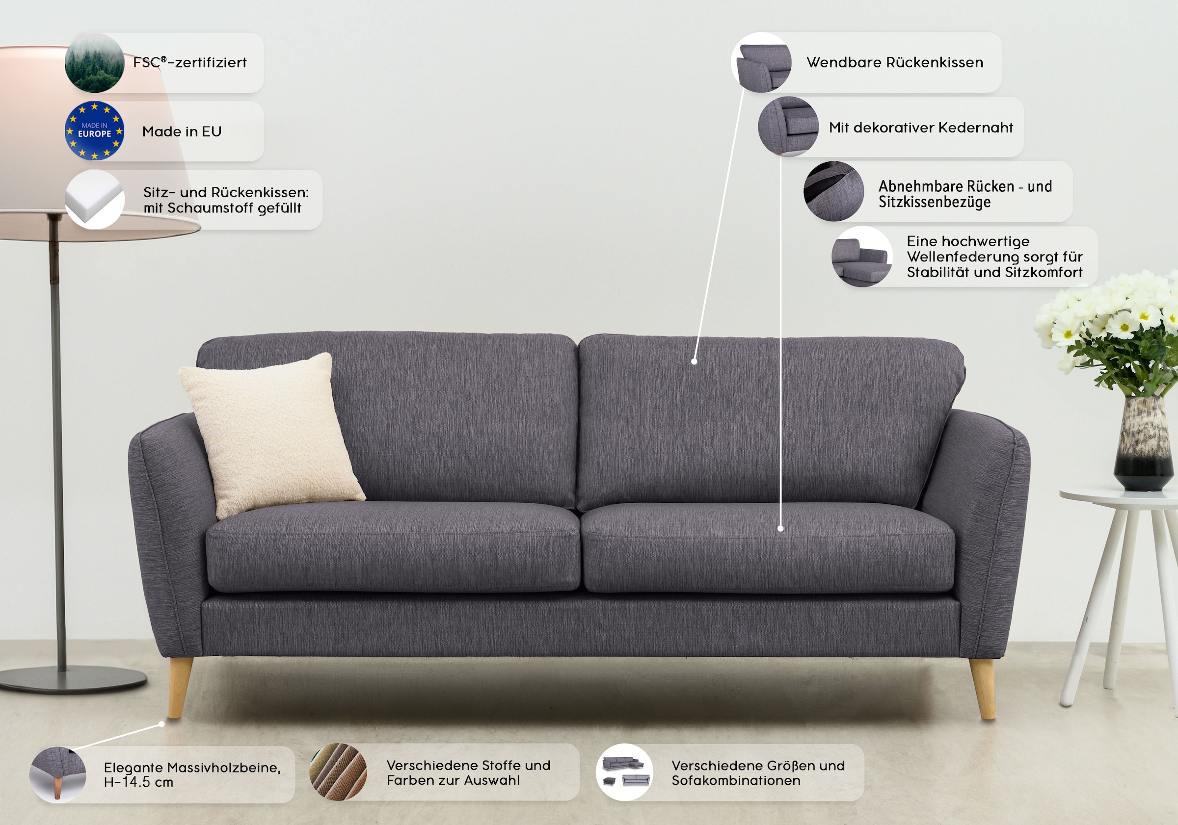 Home affaire 3-places »MARSEILLE 3er Sofa 206 cm, Cord, Flachgewebe, Struktur, Webstoff« Massivholzbeine Eiche, Landhausstil, Wellenunterfederung