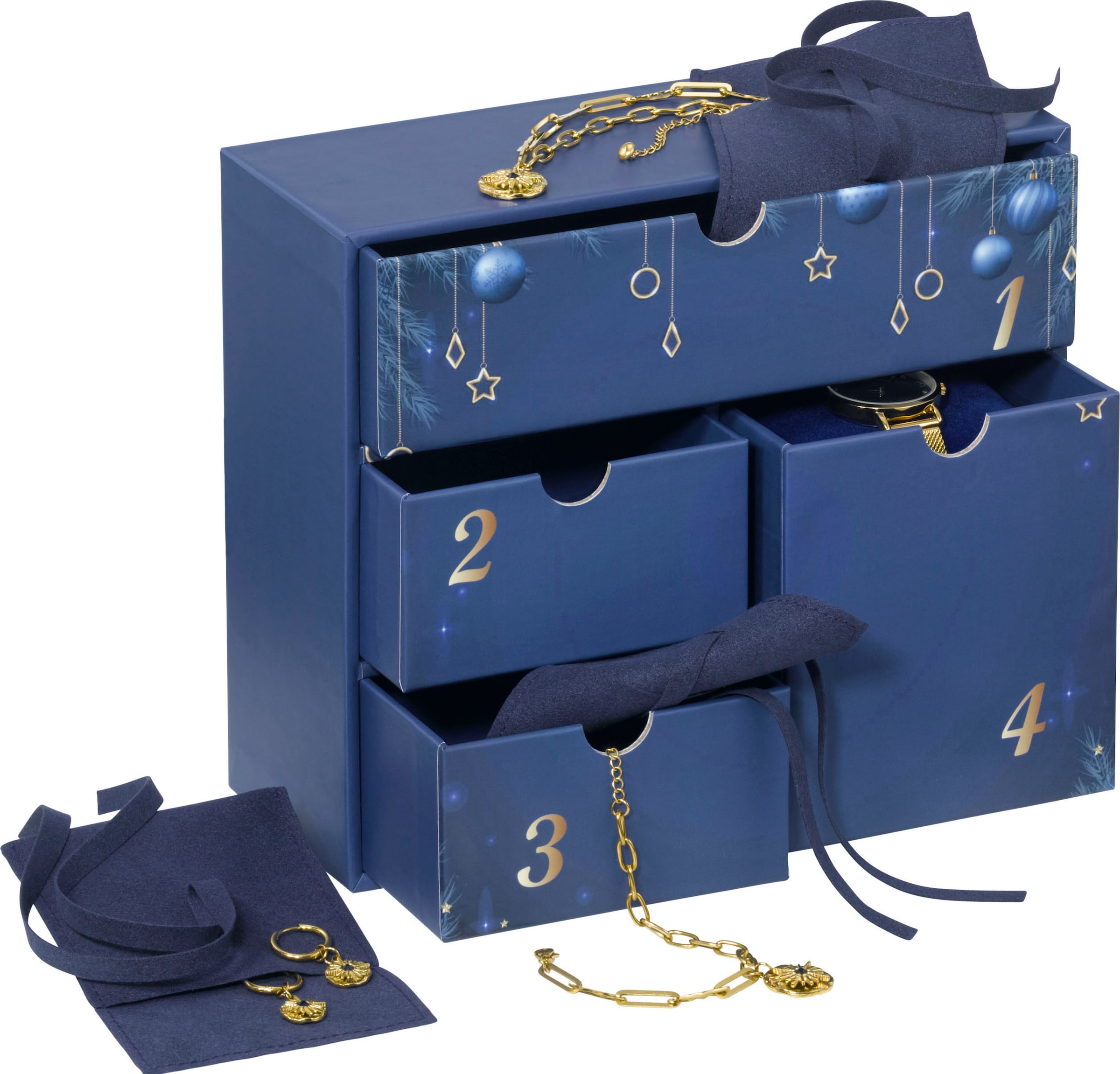 Aniston JEWELRY & WATCHES Adventskalender »Kalender 2025 Geschenkset Weihnachten Uhr Halskette Armband Creolen«, für Erwachsene, Kristallsteine (synth)