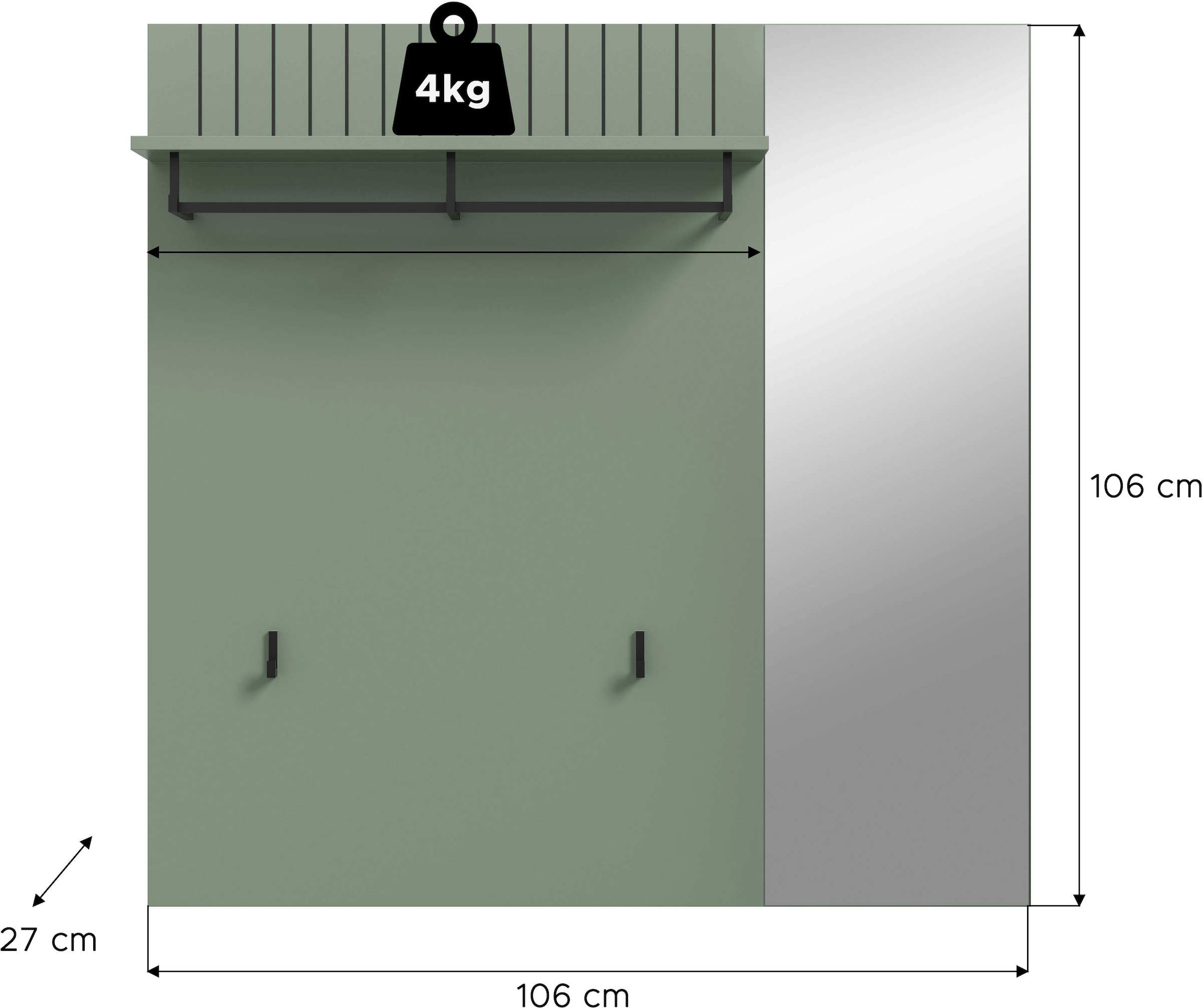 Home affaire Garderobenpaneel »TATIO, Rillenfräsung, 1 Spiegel, 1 Ablageboden, 2 Haken, Kleiderstange« 1 Stk. tlg. Garderobenpaneel mit Spiegel, Garderobe, Flur, Diele