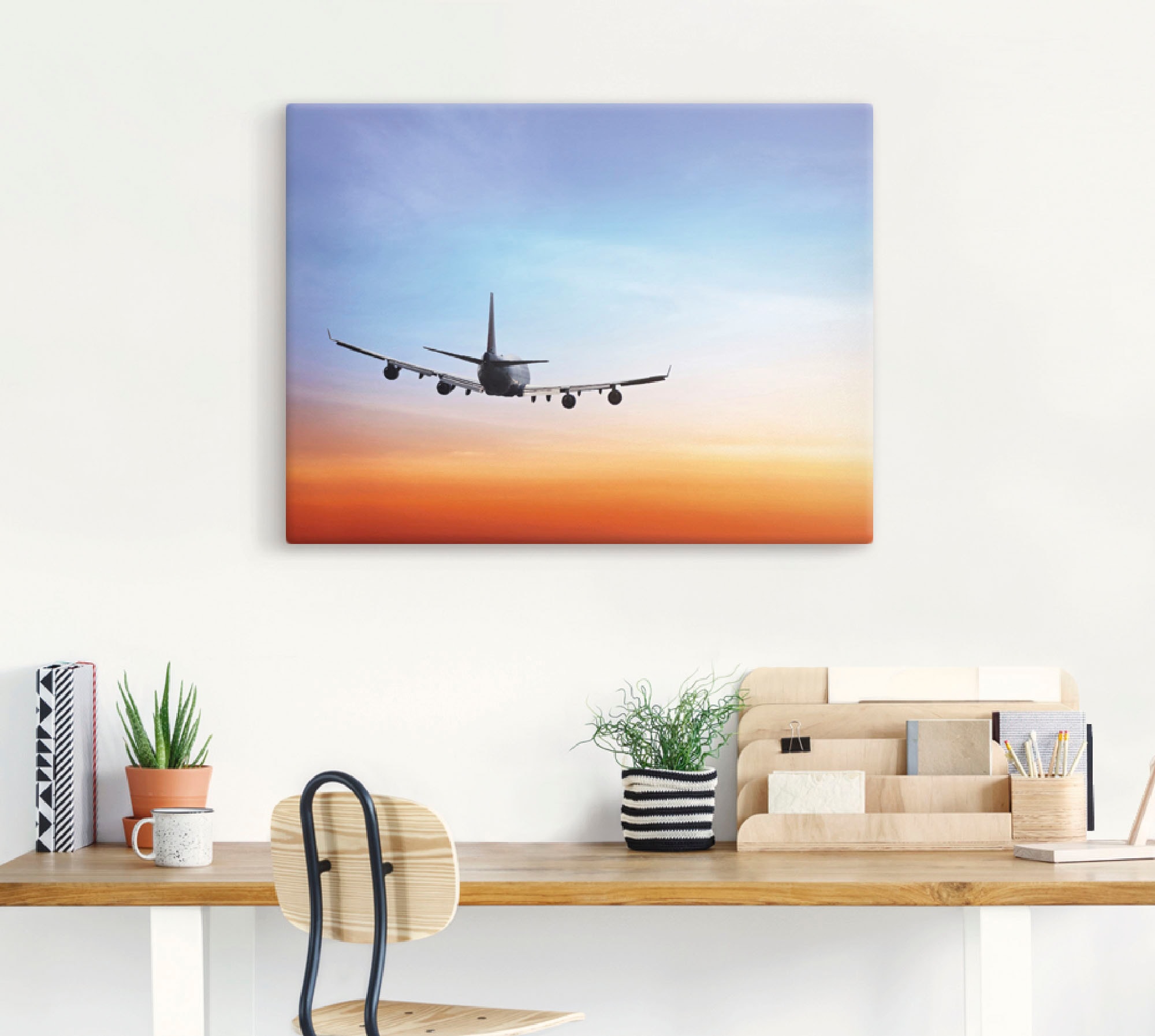 Artland Wandbild »Flugzeug vor orange/blauem Abendhimmel«, Flugzeuge & Helikopter, (1 St.), als Leinwandbild, Wandaufkleber in verschied. Grössen