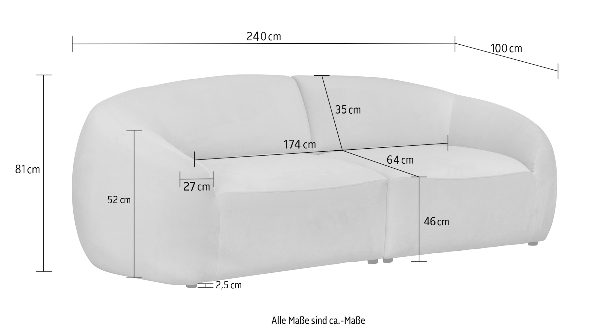 LeGer Home by Lena Gercke Big-Sofa »YANI, Designersofa, organische Form, Masse B/T/H: 240/64/81 cm«, mit Wellenunterfederung, auch in Bouclé, passend zur Serie