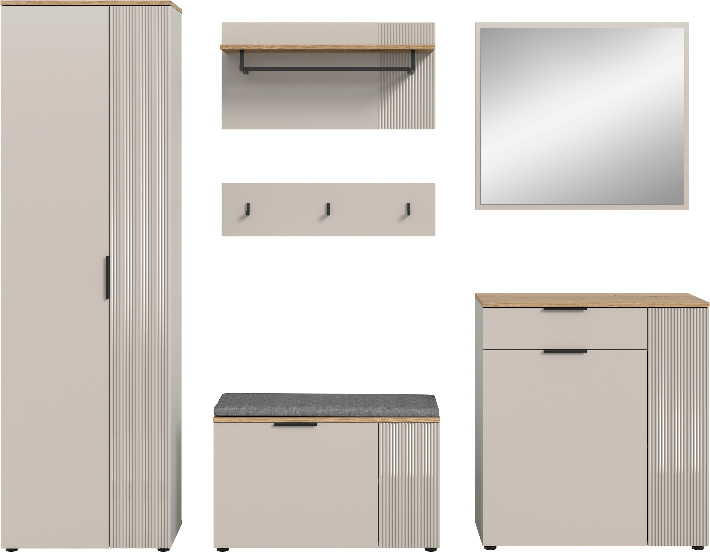 Home affaire Garderoben-Set »EDIL, Breite 250 cm, 6-teilig, Front mit hochwertiger Längstfräsung« Set, Hochschrank, Sitzbank, Kissen, Paneel, Hakenleiste, Kommode & Spiegel, 6 Stk. tlg.