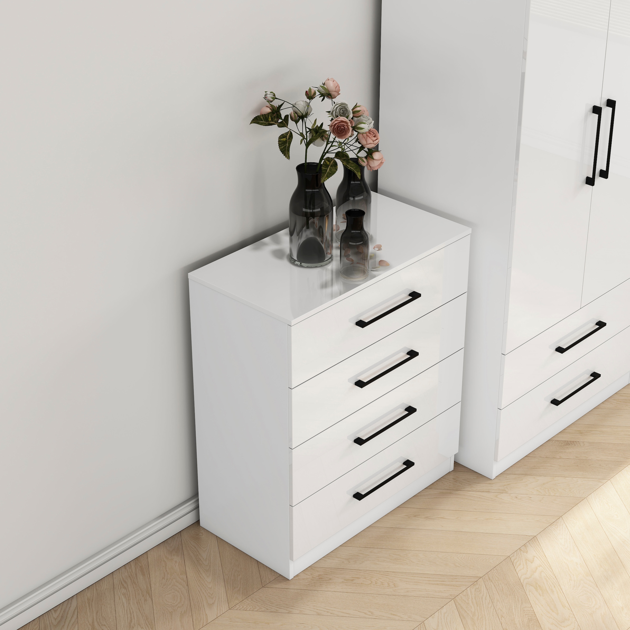GOODproduct Commode à tiroirs »Sylt Schlafzimmerkommode Kommode Wäscheschrank Bestseller« Viel Stauraum im Schlafzimmer mit hochglänzenden Fronten, 1 cuis tlg. Beistellschrank mit 4 Schubladen