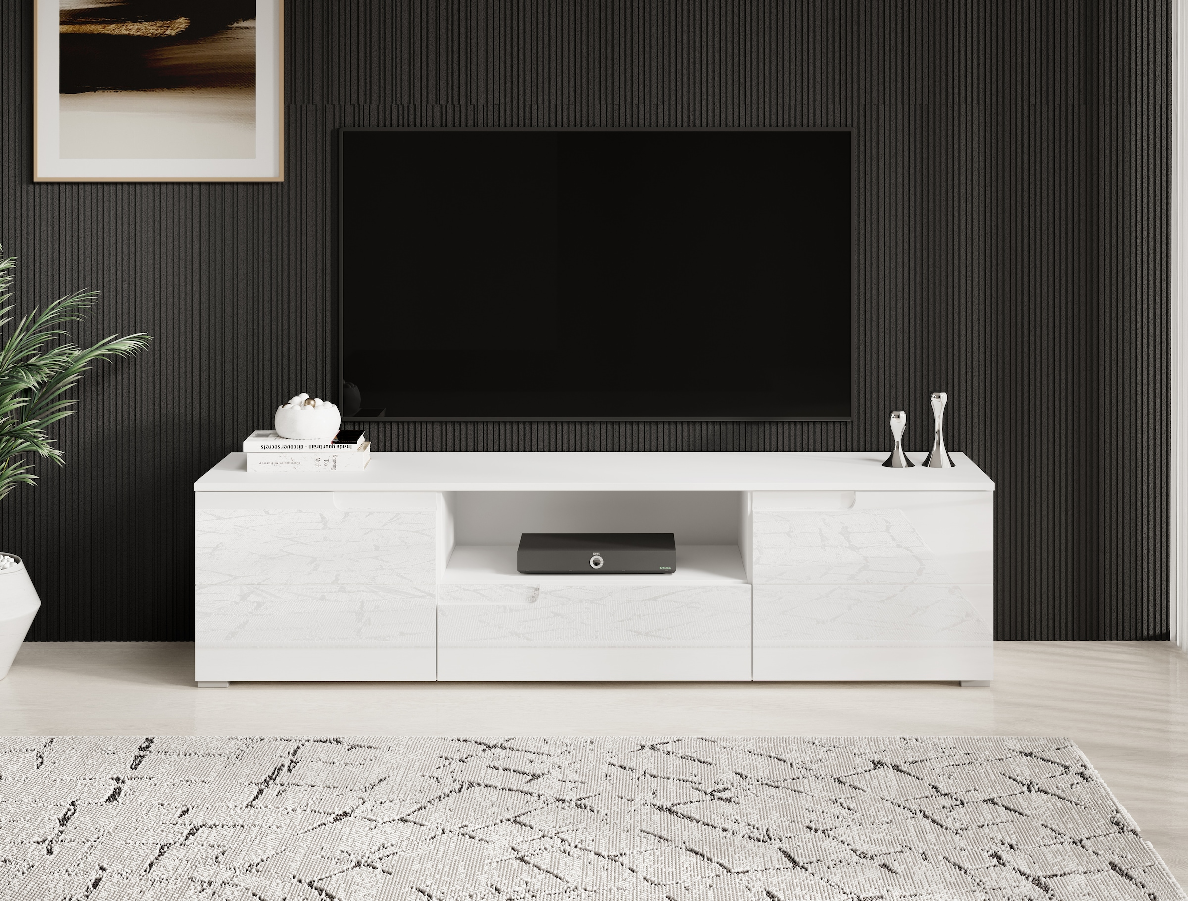 HBZ Lowboard »Spice weiss Hochglanz, TV Schrank bis 65 Zoll, BxHxT 165x42x40 cm«, (1 St.), Mit 2 Türen, 1 Schubkasten, 1 Kabeldurchführung, 1 offenes Fach