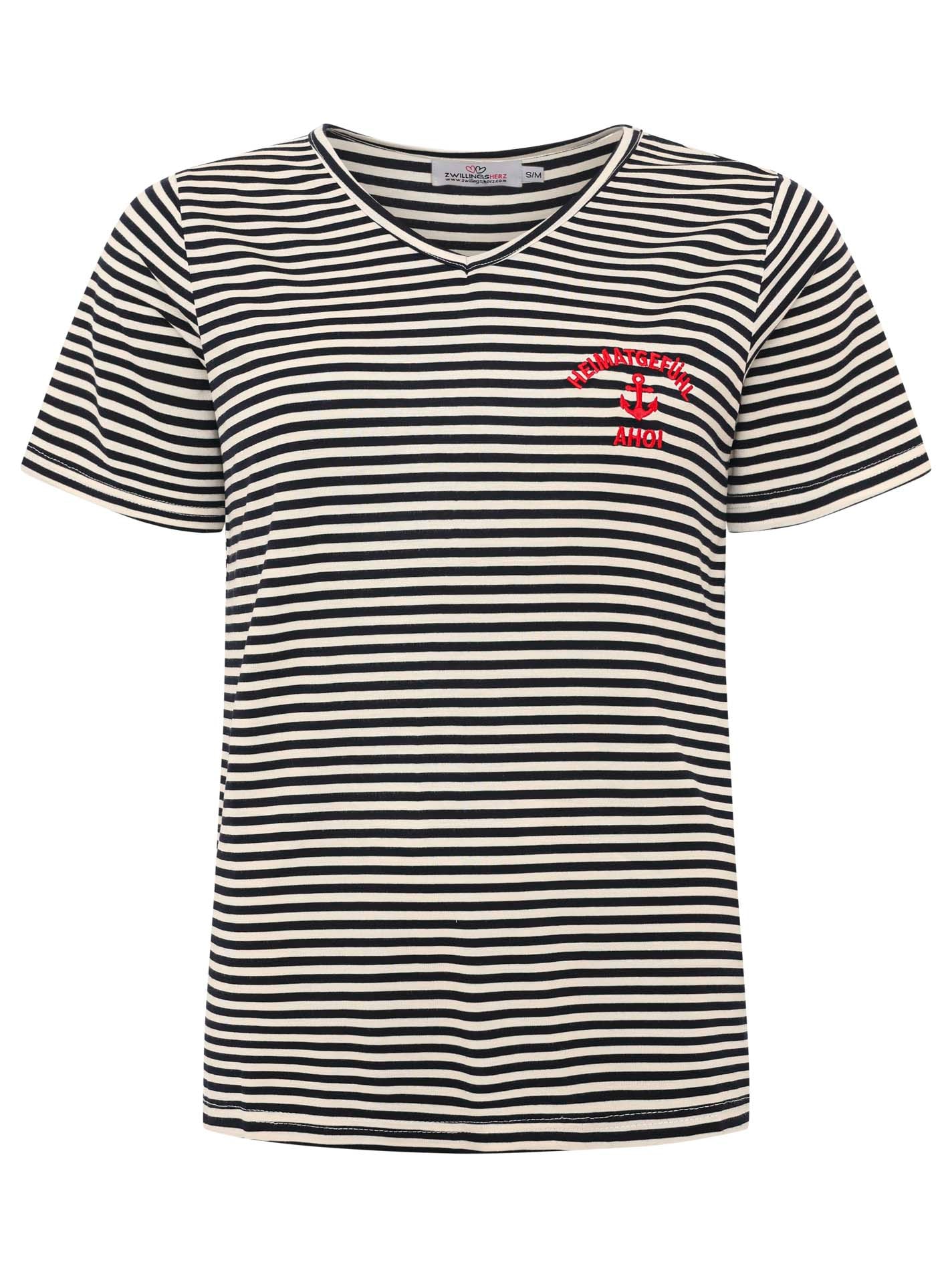 Zwillingsherz T-Shirt »"Heimatgefühl"« V-Neck, gestreift, kleines Motiv gestickt mit Anker