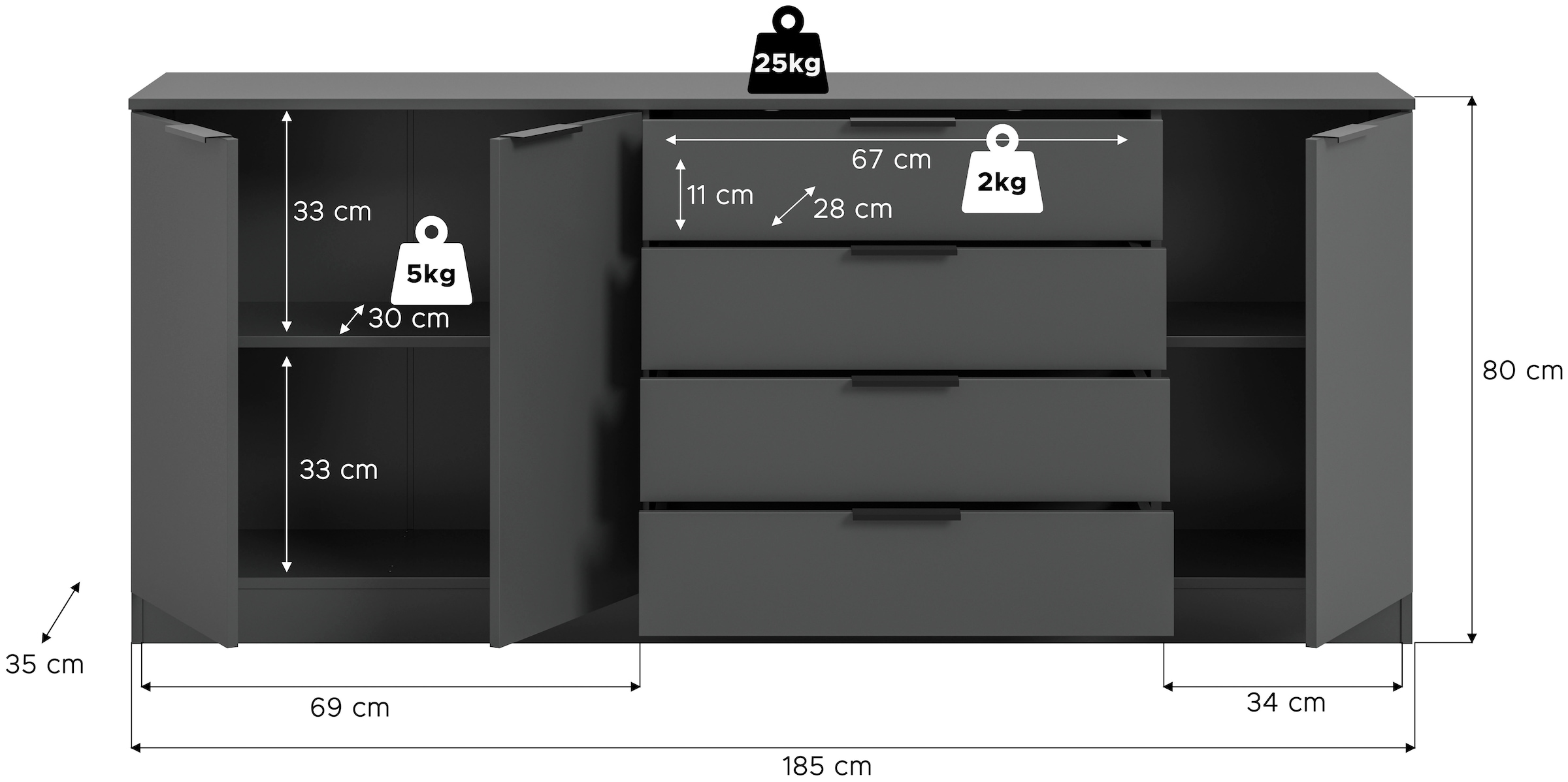 Home affaire Sideboard »SKARDE, Breite 185 cm, 4 Schubkästen, 3 Türen, viel Stauraum« in verschiedenen Farben und Breiten erhältlich, individuell einsetzbar,  Kommode, Anrichte, Schubkastenkommode, Schuhschrank, Schrank