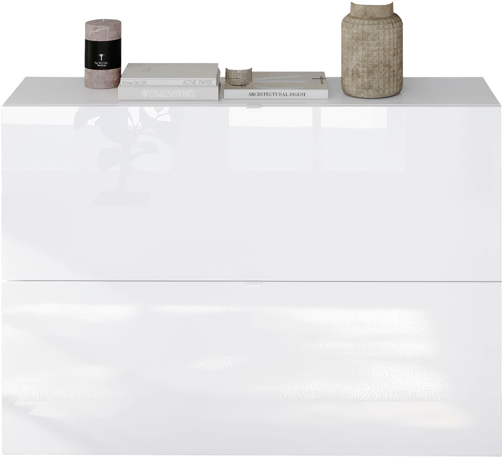 INOSIGN Schuhschrank »SMILE Breite 104 cm, 2 Klappen, komplett Weiss Hochglanz lackiert,«, Schuhkipper hängend o. stehend montierbar, 4 Fächer, Metallgriffe