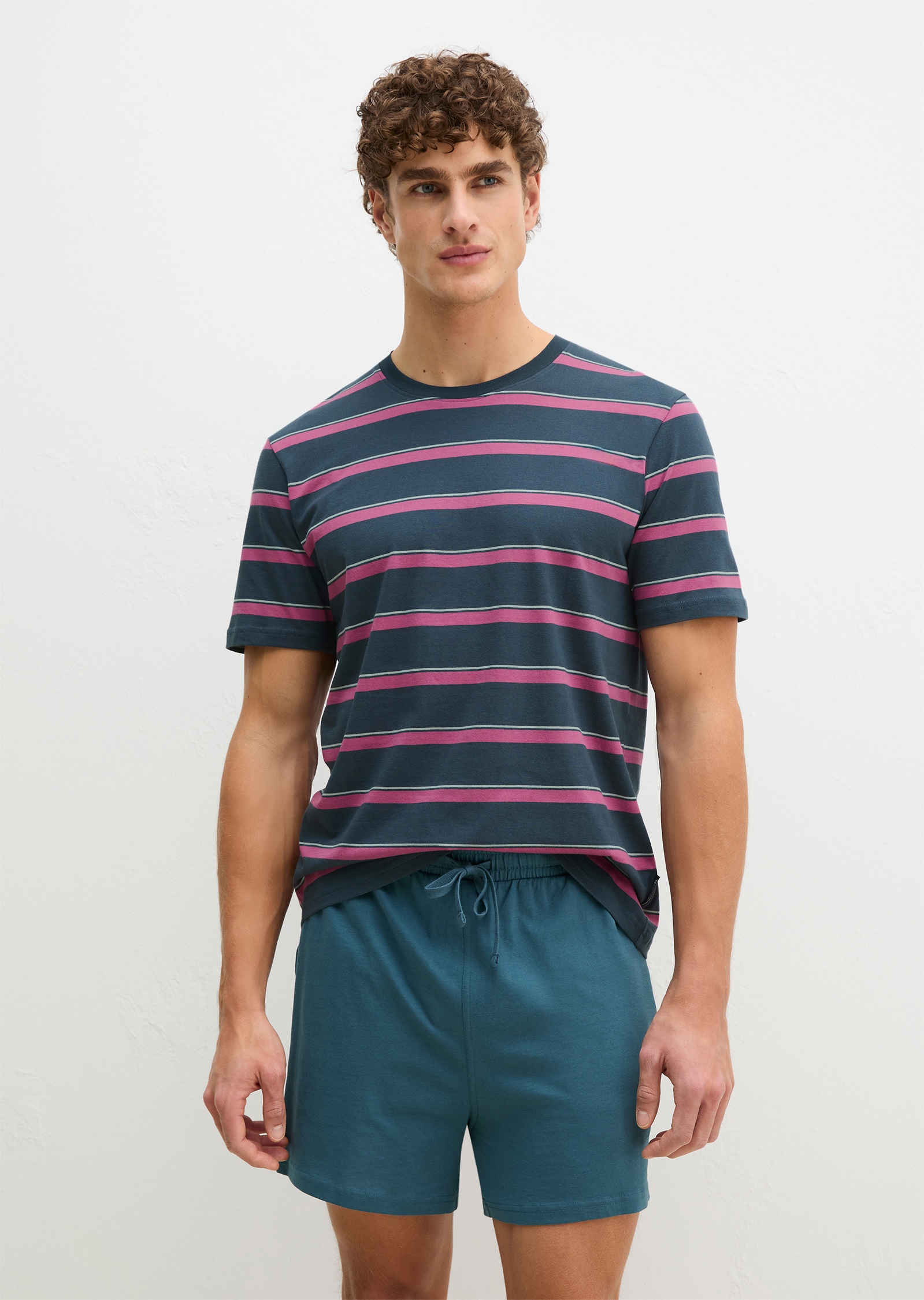 Image of Marc OPolo Pyjamaoberteil "Mix N Match Cotton" mit Streifen, Rundhalsausschnitt und kurzen Ärmeln