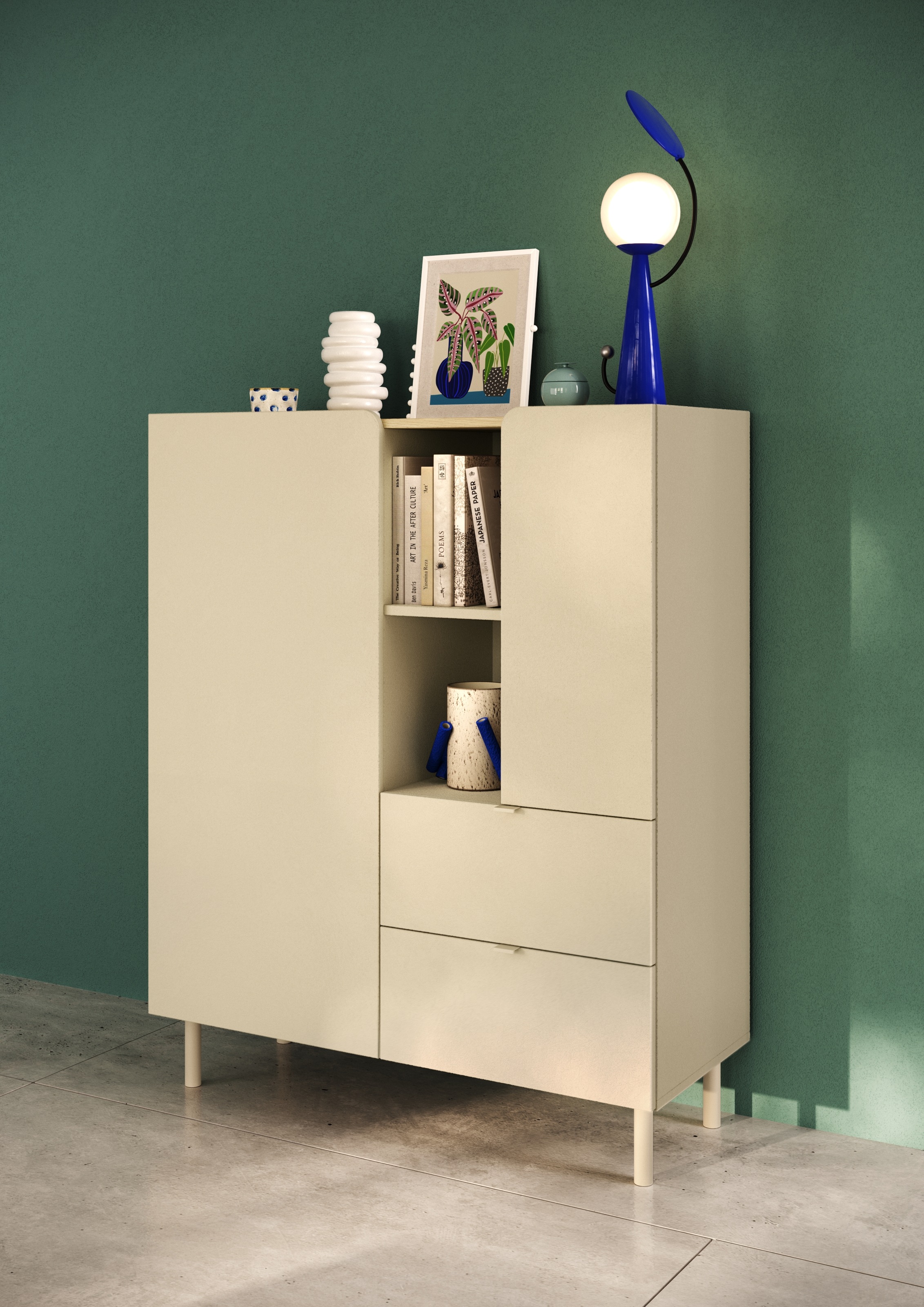 Image of GOODproduct Highboard "Dobbiaco, B/H 101/124 cm, 2 Türen, 2 Schubkästen, Stauraumschrank" Innenliegendes Top, gerade Metallfüsse, Tür mit Rundung