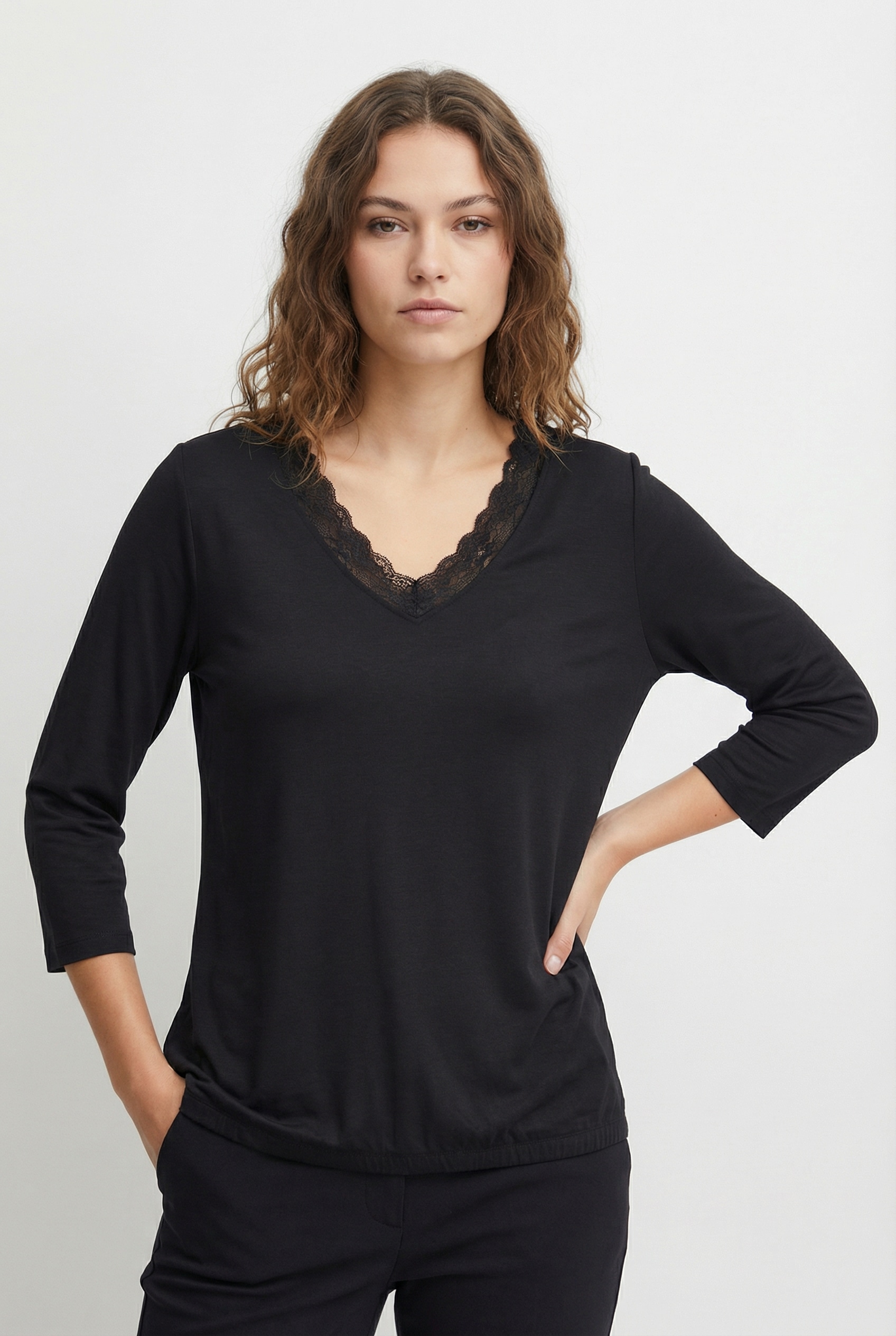 Image of ONLY CARMAKOMA Langarmshirt "CARJULIA LACE V-NECK 3/4 TOP JRS"