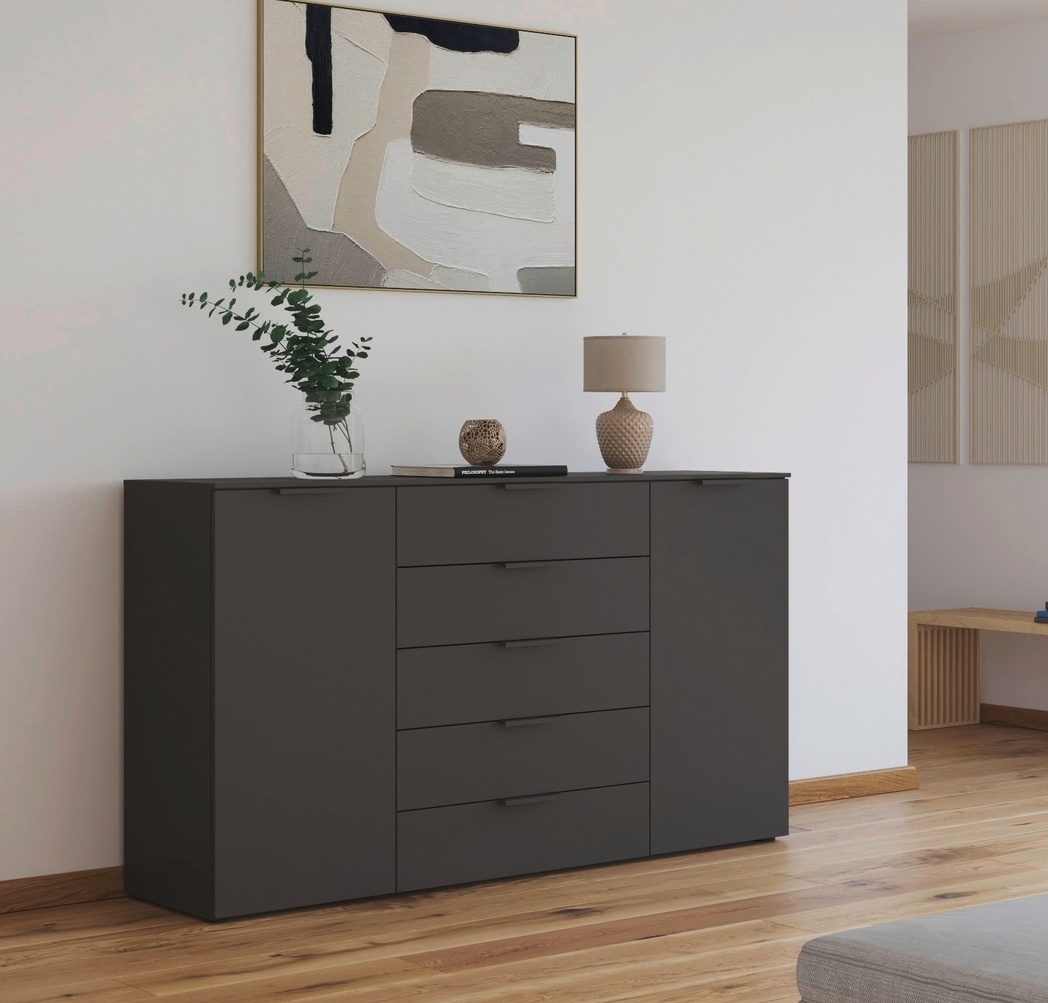 rauch Schubkastenkommode "Flipp Schubladenkommode Wäscheschrank Schrank" Breite 160/180 cm mit 4 Einlegeböden, 2-türig mit 5 Schubladen und Soft-Close-Funktion in zwei Breiten