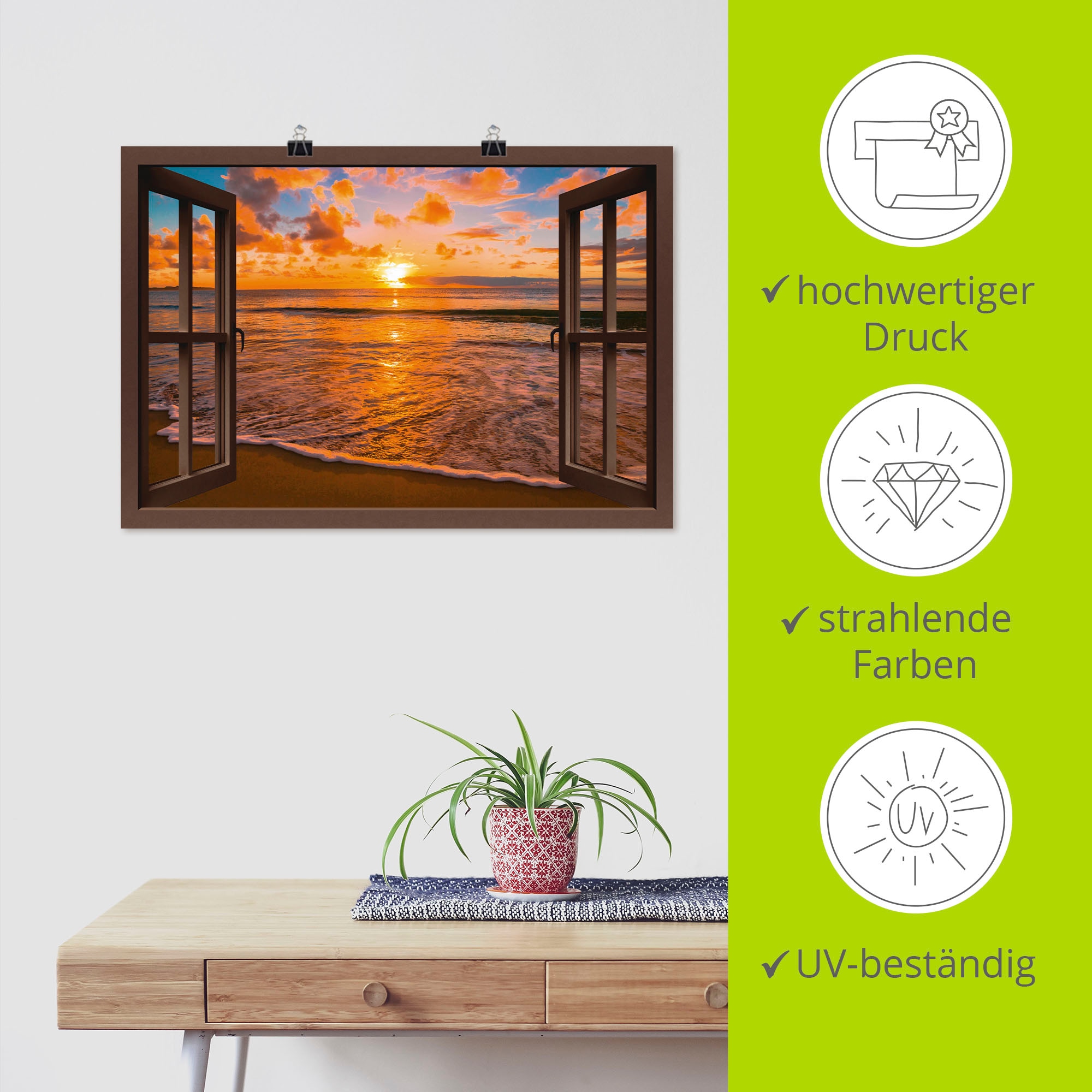 Artland Wandbild »Fensterblick Sonnenuntergang am Strand«, Sonnenaufgang & -untergang, (1 St.), als Leinwandbild, Poster, Wandaufkleber in verschied. Grössen