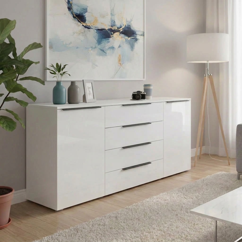 Image of borchardt Möbel Sideboard "Tom, moderne Kommode mit dunklen Metallgriffen" 166cm, 2 Türen 4 Schubfächer, variable Einlegeböden, viel Stauraum