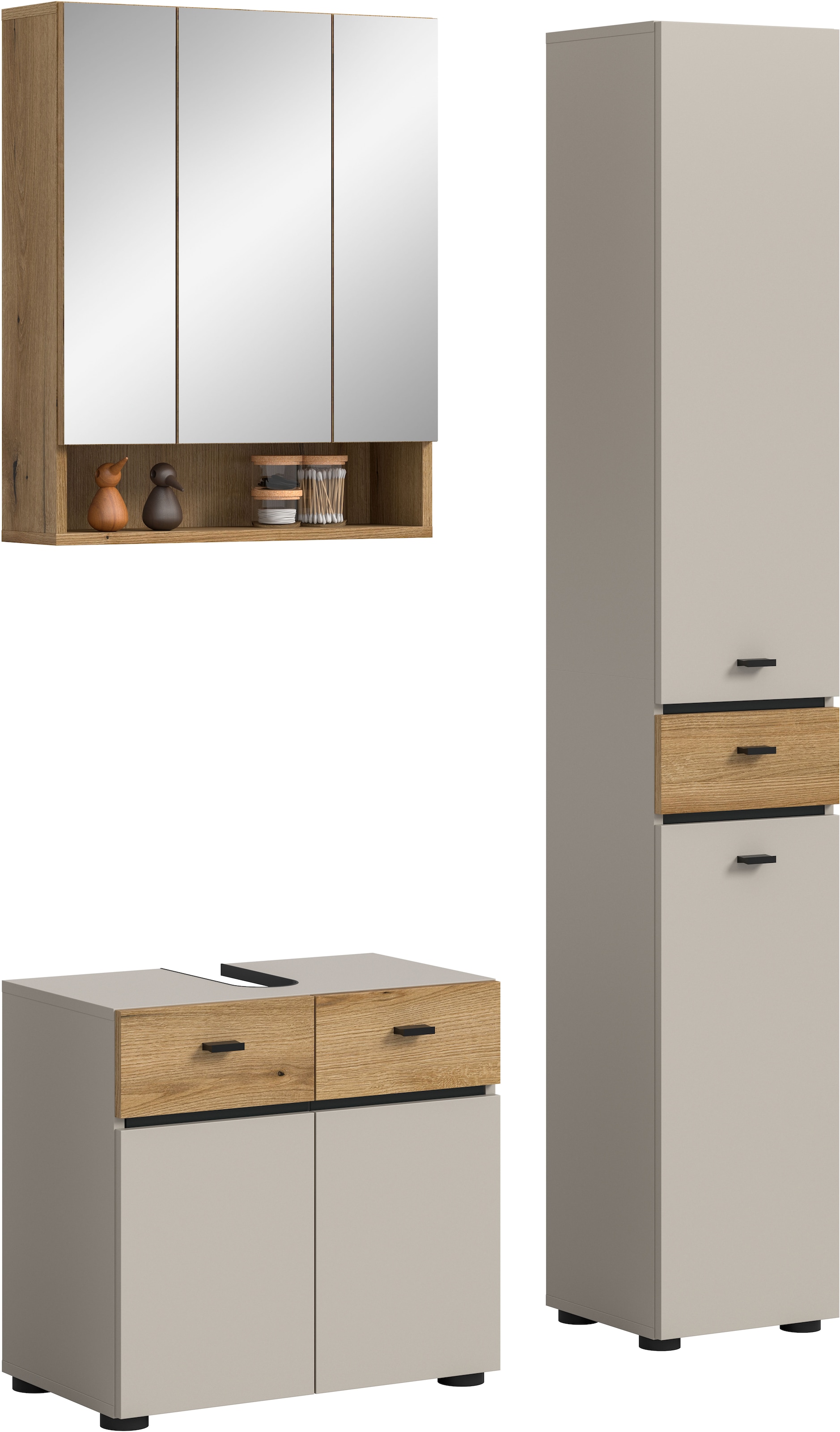 Image of welltime Badmöbel-Set "VANN, 3-teilige moderne Badkombination, individuell stellbar" 1x Waschbeckenunterschrank, 1x Spiegelschrank, 1x Hochschrank, 3 Stk. tlg.