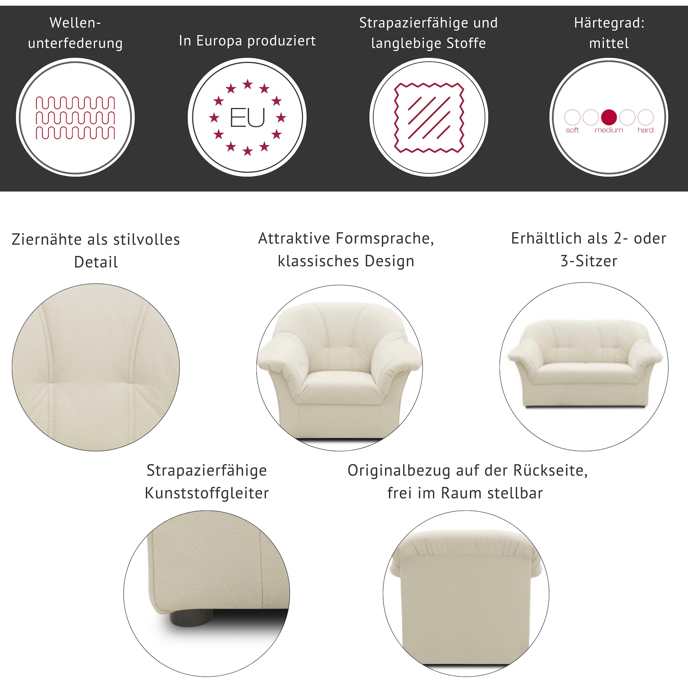 DOMO collection 2-Sitzer »Pegnitz für kleine Räume, Breite 155cm,« zeitlos, elegante Armlehnen, komfortabel