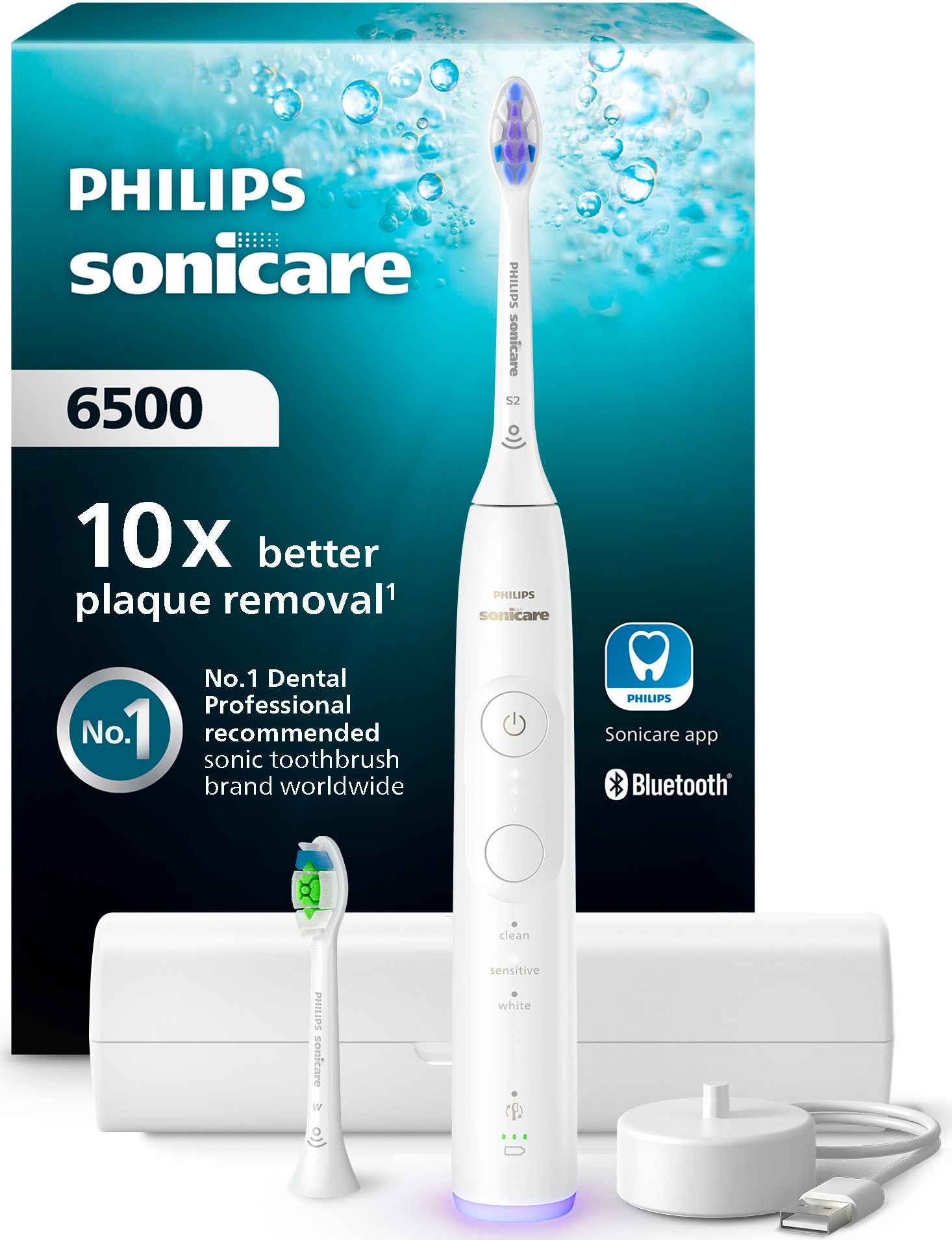 Image of Philips Sonicare Elektrische Zahnbürste "Series 6500 HX7410/02" 2 Stk. Aufsteckbürsten mit Andruckkontrolle, 3 Intensitätsstufen, inkl. Ladegerät, Reiseetui
