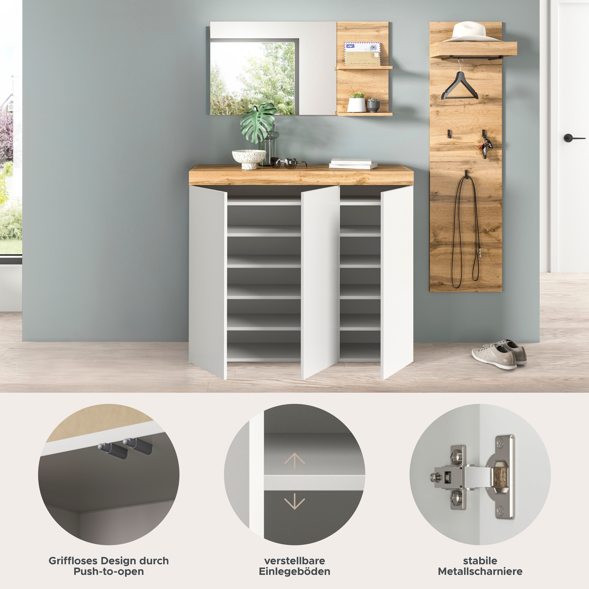 GOODproduct Ensemble de vestiaires »MAMBO, TOPSELLER!, 3-teilige Kombination, stehend & hängend montierbar« bestehend aus: Kommode, Spiegel, Garderobenpaneel, 3 cuis tlg.