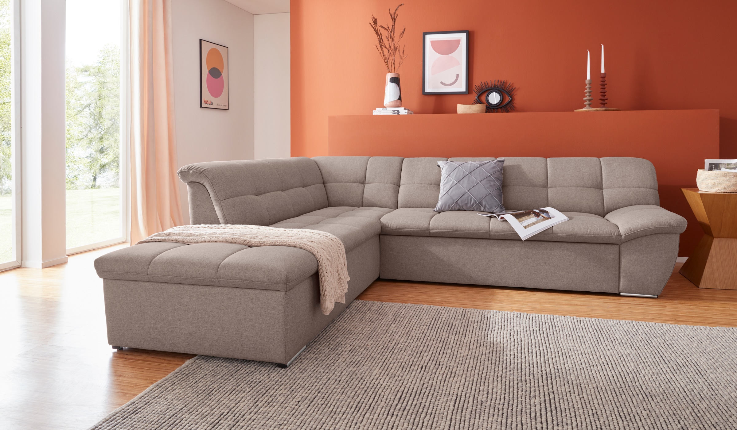 Image of DOMO collection Ecksofa "Lagoa, moderne Sitzheftung, bequem und komfortabel, L-Form" wahlweise mit Bettfunktion, frei im Raum stellbar, grosse Farbvielfalt
