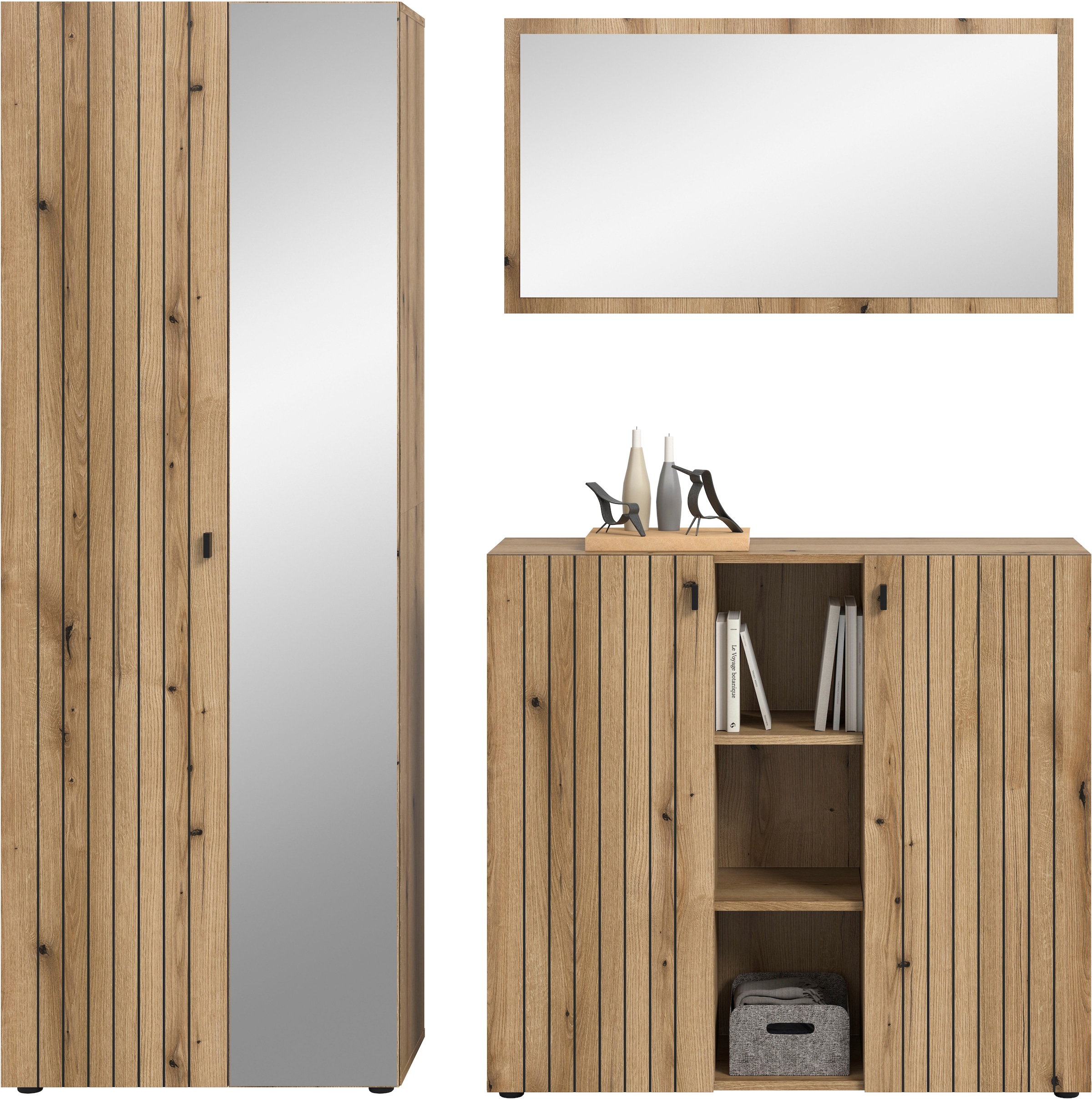 Home affaire Ensemble de vestiaires »TATIO, 3-tlg. Garderobenkombination, Breite: 191 cm, Rillenfräsung« Set, Set, best. aus: 1 Spiegel, 1 Garderobenschrank, 1 Schuhkommode, 3 cuis tlg.