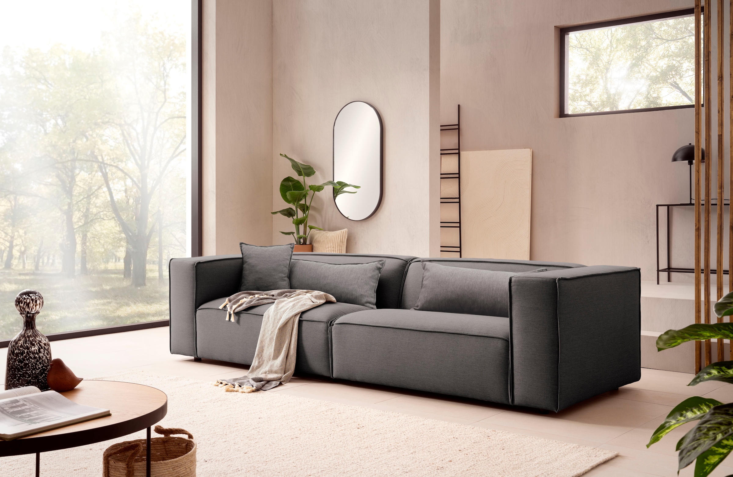 LeGer Home by Lena Gercke 3-places »PIARA, Couch mit Kedernaht, Sofa in Cord, Leinenoptik o. Strukturstoff« schwarze Füsse, bequemer Sitzkomfort