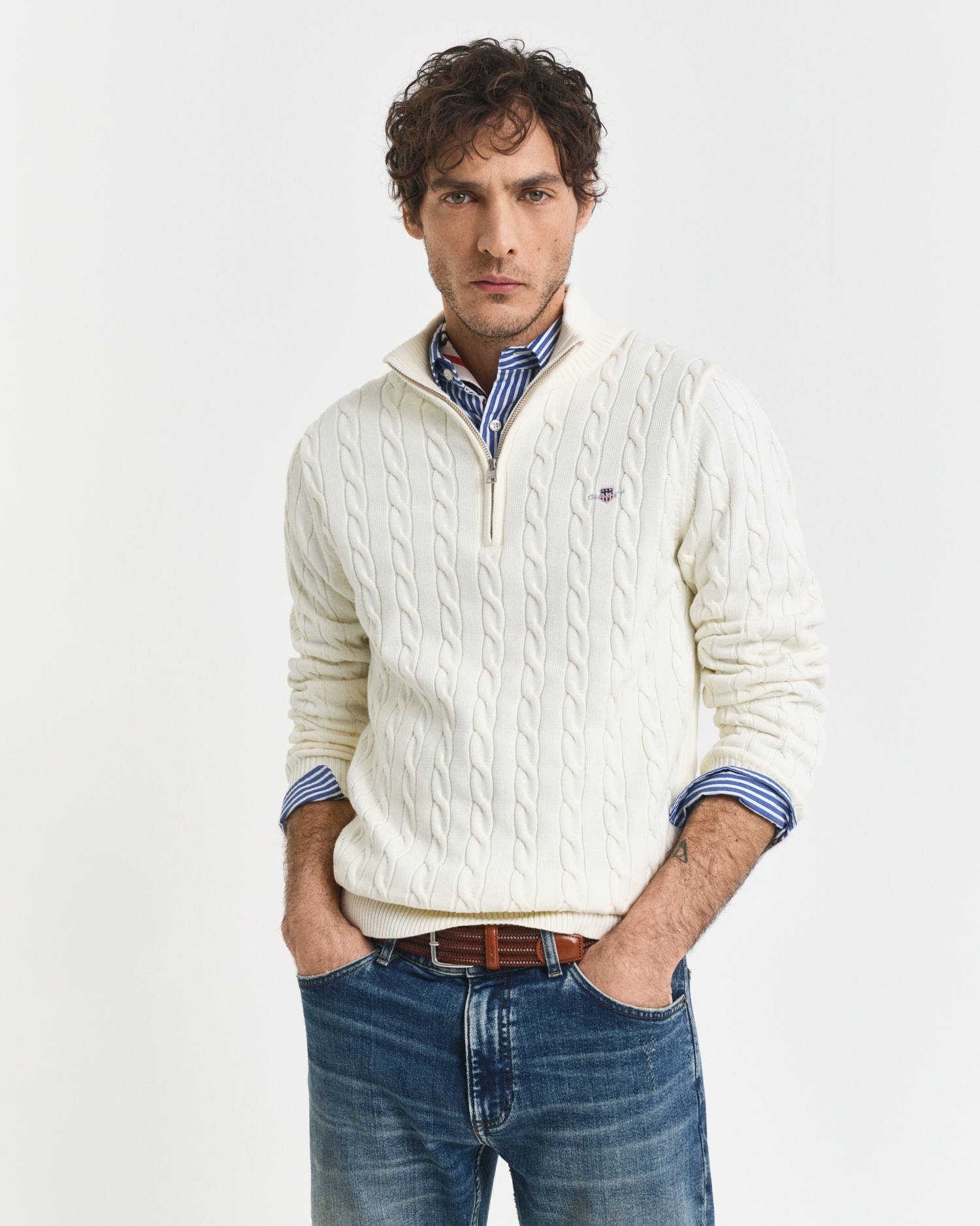 Image of Gant Strickpullover "COTTON CABLE HALF ZIP" Mit Rundhalsausschnitt