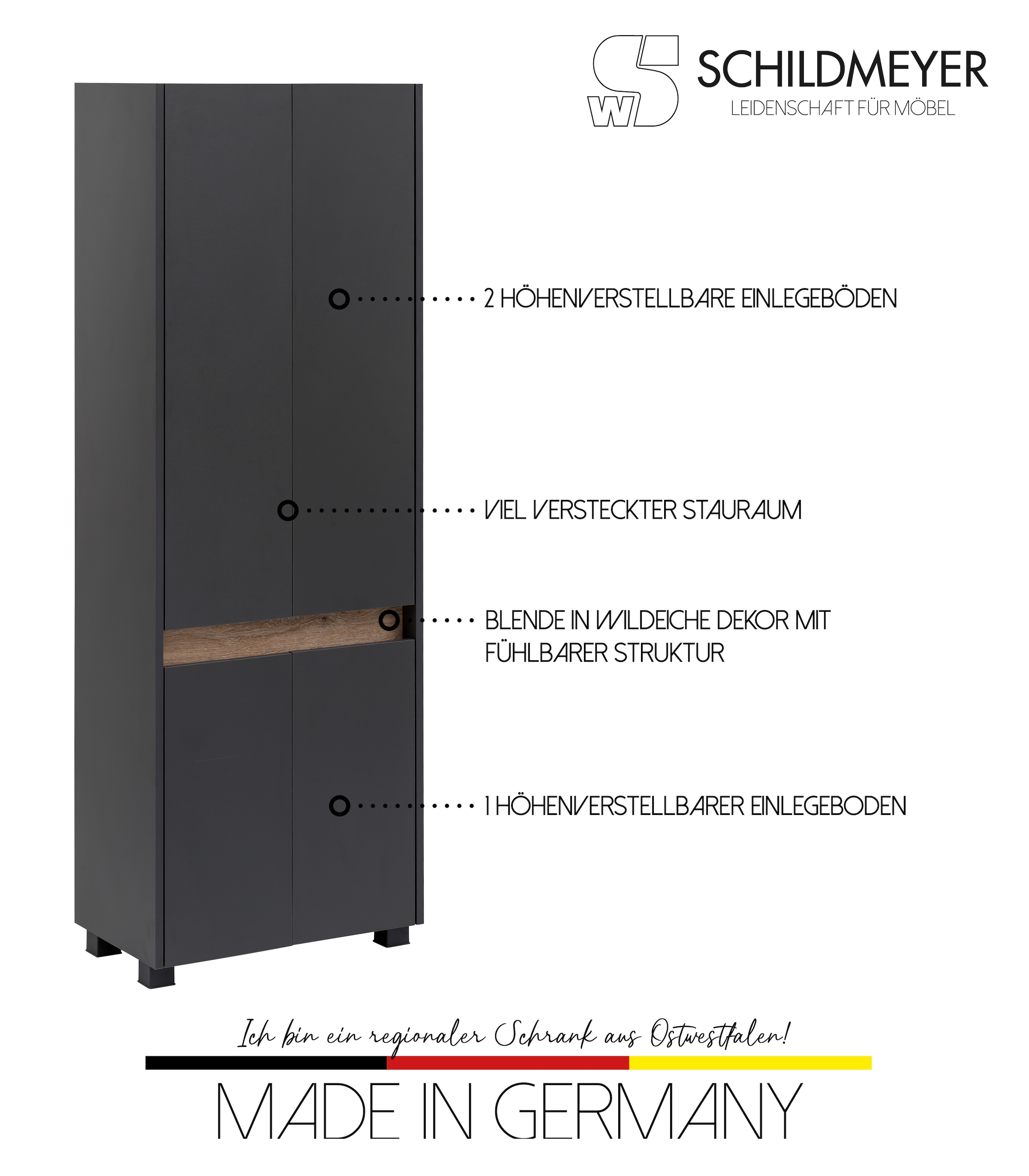 Schildmeyer Hochschrank »Cosmo in verschiedenen Farben made in Germany« Breite 57 cm, Badezimmerschrank, Blende im modernen Wildeiche-Look