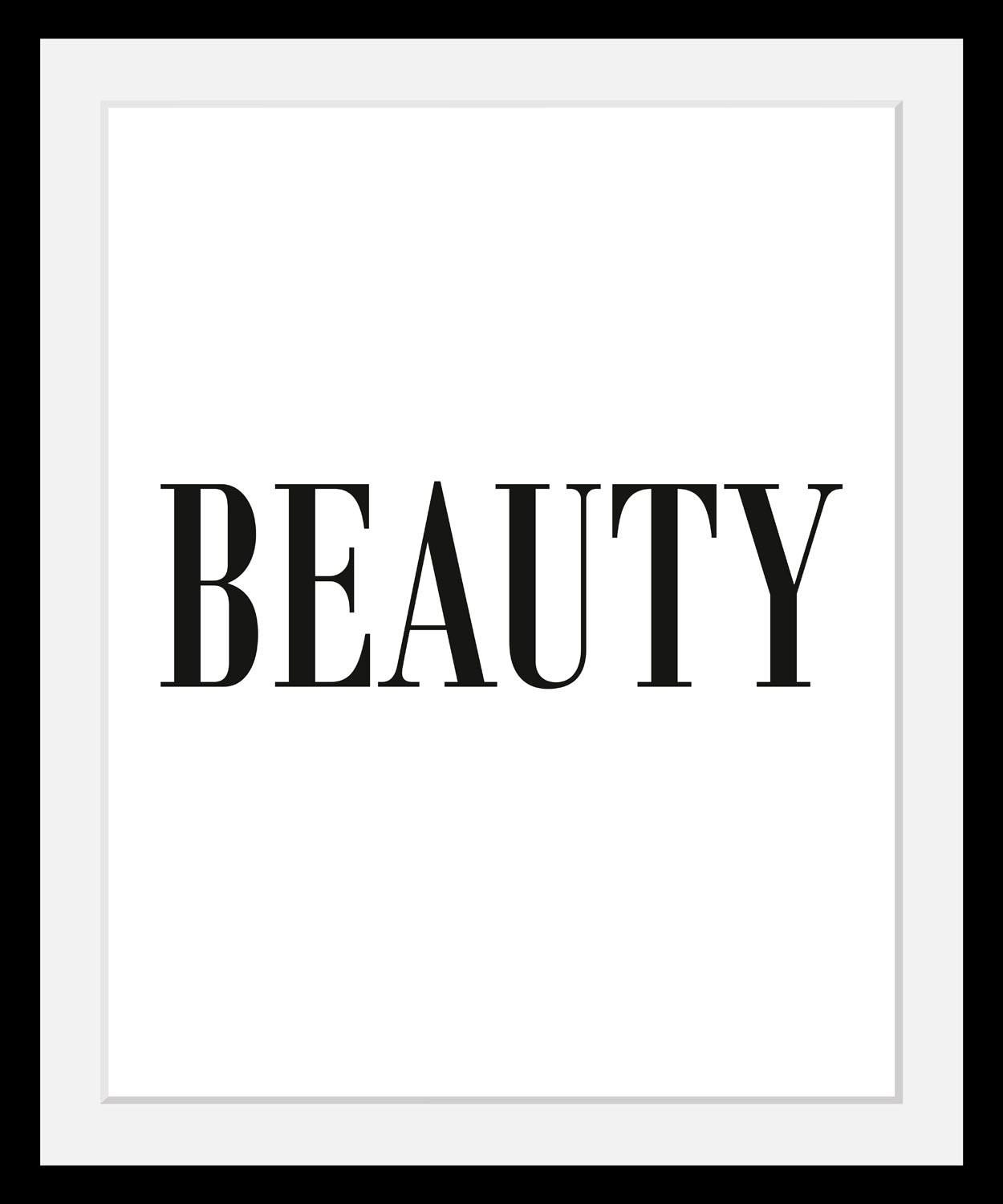 Image of queence Bild "Beauty" Fashion Motivationsbilder Schriftzug Schwarz-Weiss HD Premium Poster-Druck inkl. Holzrahmen