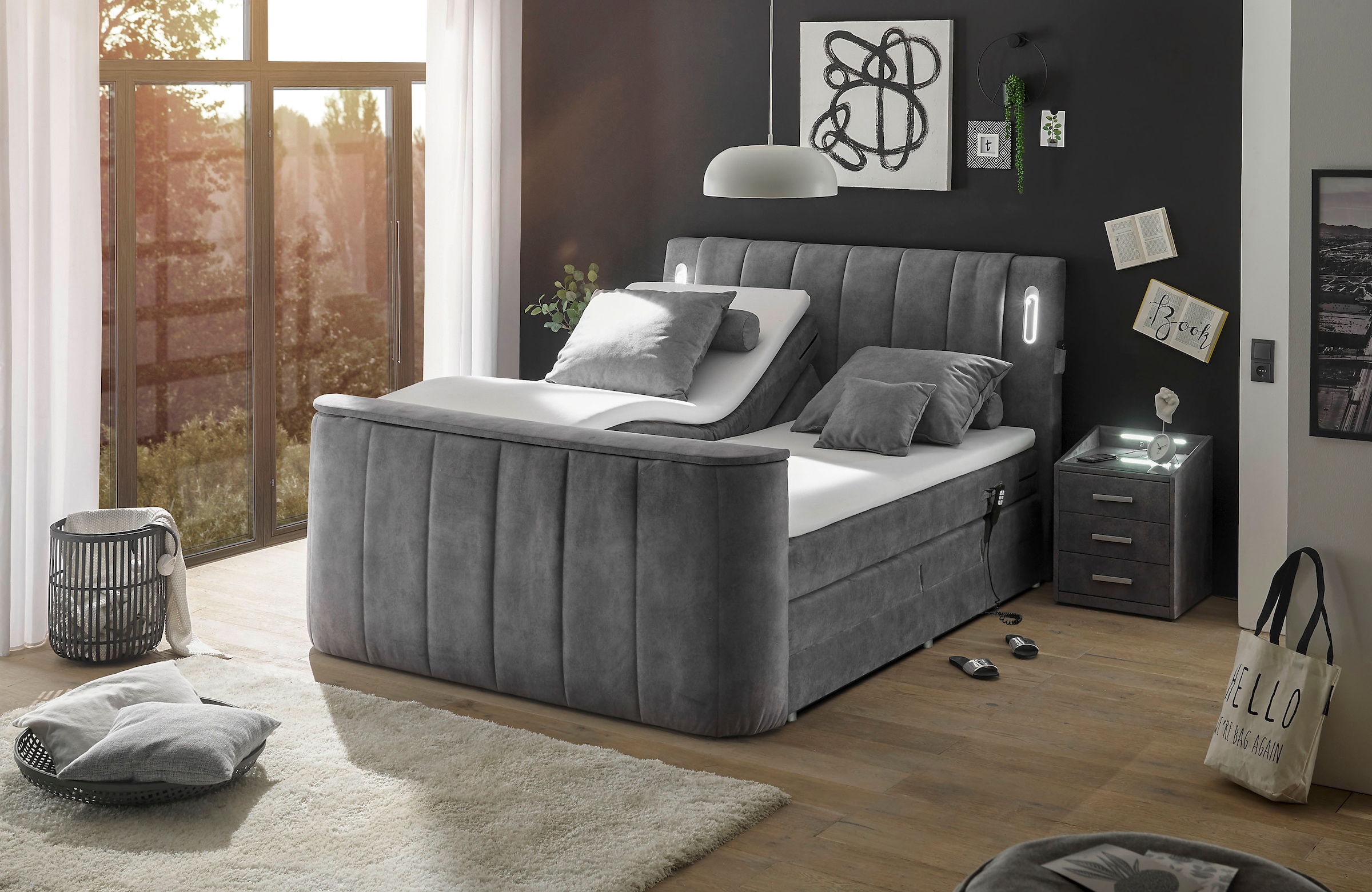 Image of ED EXCITING DESIGN Boxspringbett "Dallas" 6 Stk. tlg. inkl. Topper, LED-Beleuchtung, motorisierter TV Halterung und Motor