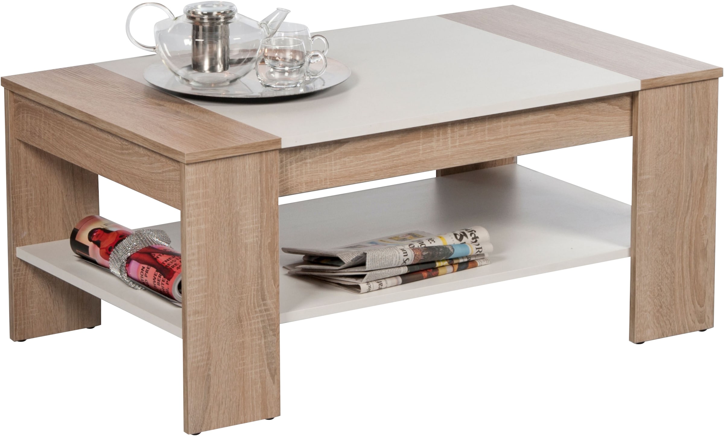 Stolkom Couchtisch »Finley mit Ablageboden, Eiche Sonoma Weiss, BxHxT 100x44x58 cm«, (Couchtisch), Schubladenfront mit Lamellen-Optik, Couchtisch rollbar