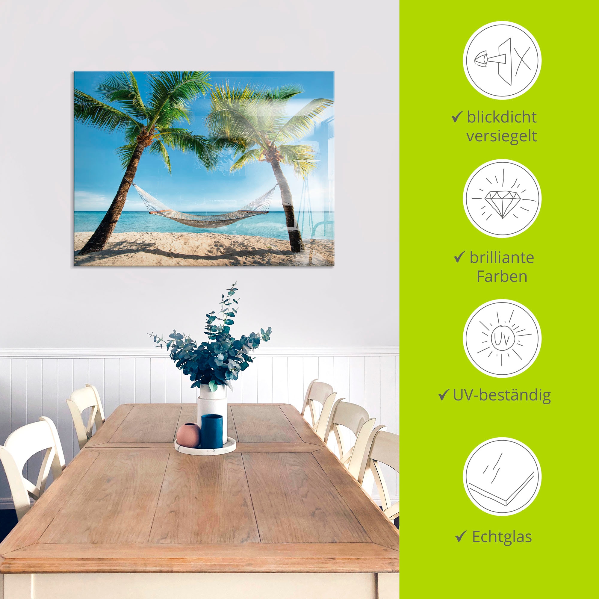 Artland Glasbild »Palmenstrand Karibik mit Hängematte«, Amerika, (1 St.), in verschiedenen Grössen