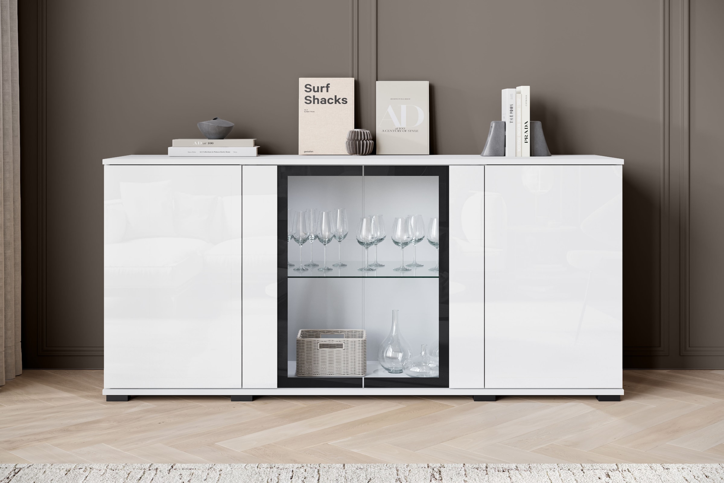 Home affaire Buffet »Caro, modernes Design mit Glaseinsätzen, Breite 150 cm« 1 cuis tlg. façades sans poignées avec push-to-open, étagères réglables en hauteur,