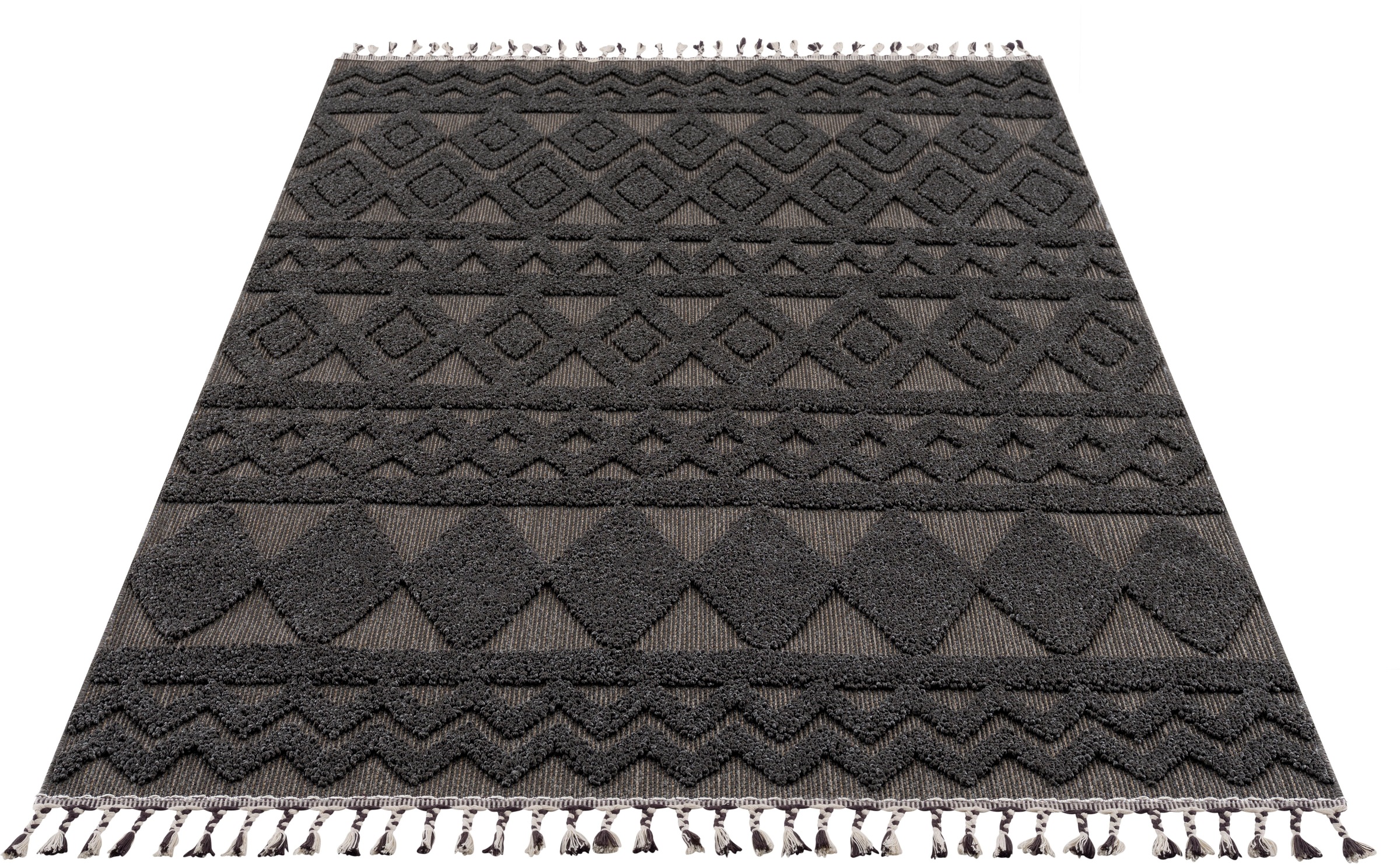 Image of DELAVITA Teppich »Duncan«, rechteckig, 18 mm Höhe, Hoch-Tief-Struktur, mit Woll-Look, Boho Stil, Rauten Design, mit Fransen, idealer Teppich für Wohnzimmer, Schlafzimmer, Esszimmer bei Ackermann Versand Schweiz