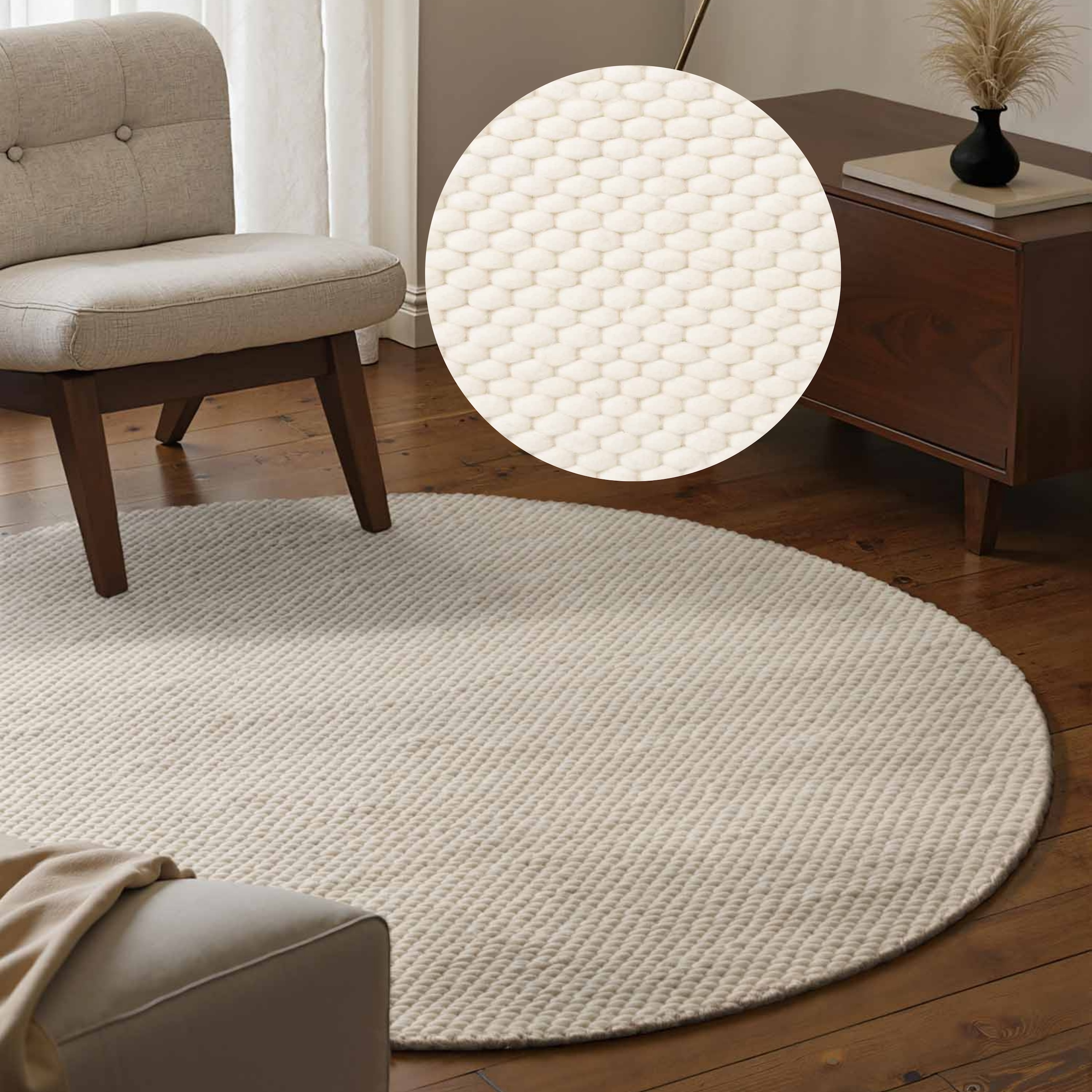 ELLE DECORATION Tapis en laine »Beans« Rond 10 mm Höhe Handweb Teppich Wolle, Rund, Perlenstruktur, Wohnzimmer, Schlafzimmer
