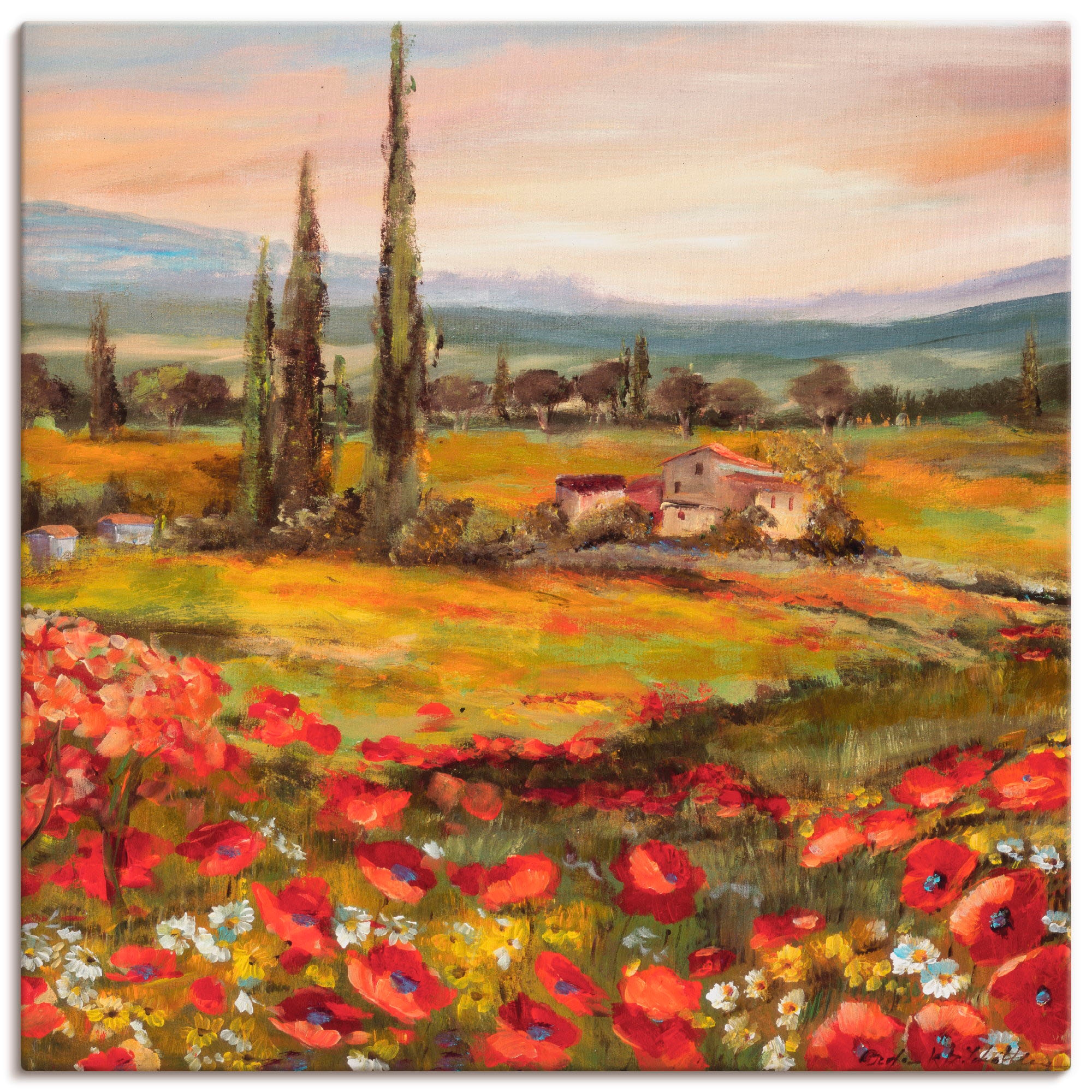 Image of Artland Leinwandbild "Mohnblumen und Zypressen" Felder 1 Stk. tlg. auf Holzrahmen gespannt