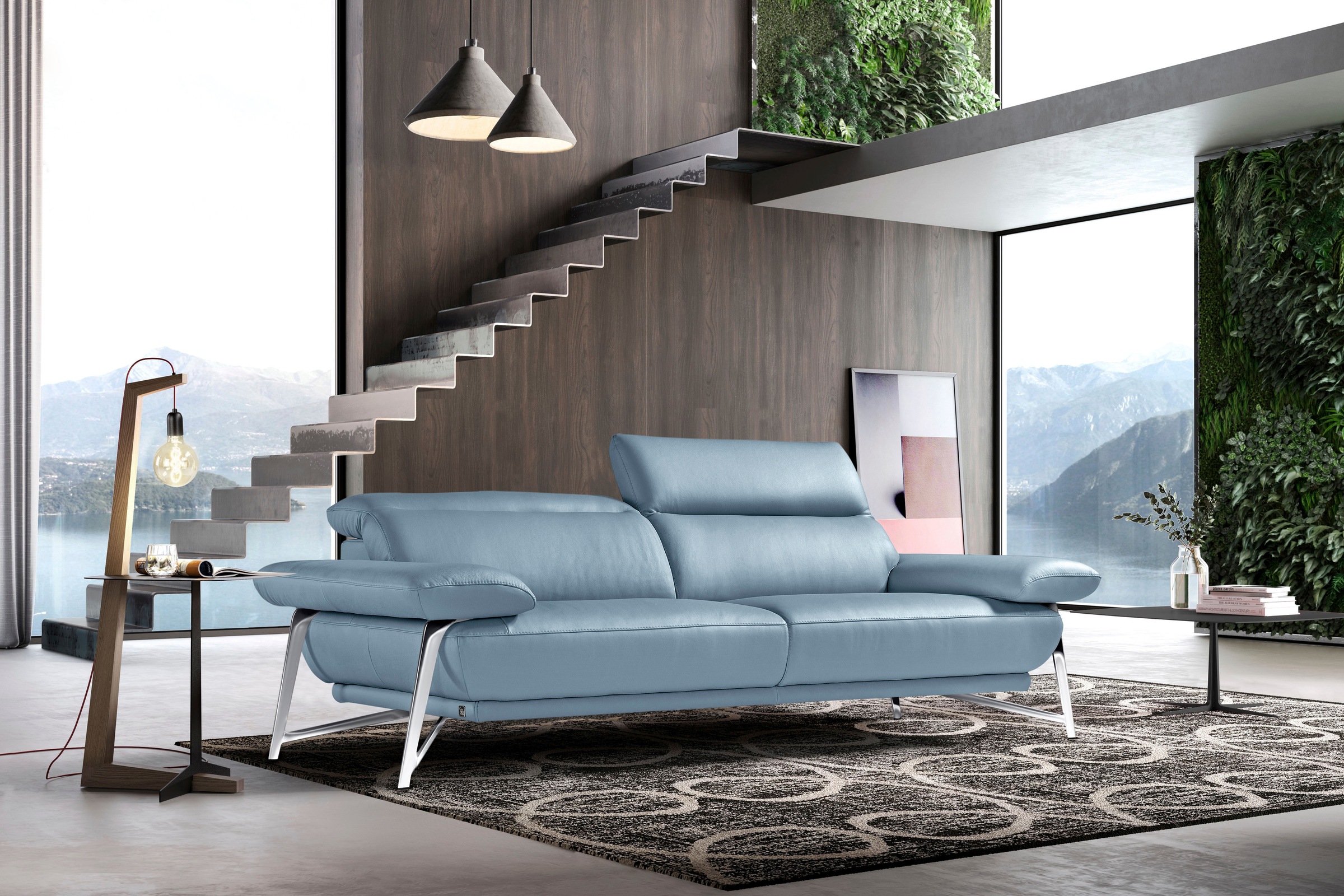 Egoitaliano 2,5-places »Anais, Designsofa mit erstklassigem Sitzkomfort, Fussfarbe chrom« tête de lit réglable, 232 cm, cuir CAREZZA, bleu ciel
