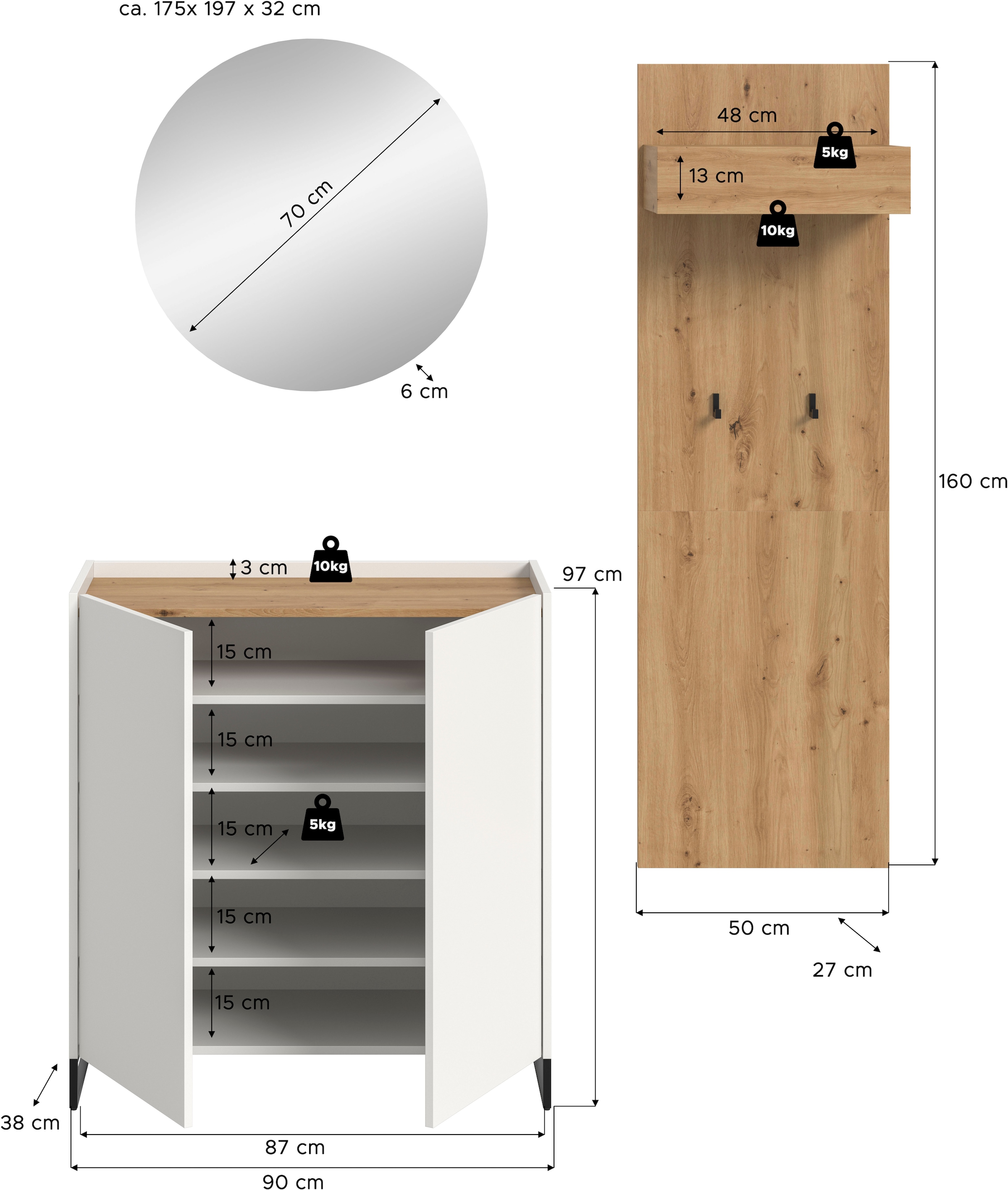 Home affaire Garderoben-Set »EVRID, 3-teilig, Breite 175 cm, individuell stellbar & erweiterbar« best. aus: Kommode, Spiegel & Garderobenpaneel, 3 Stk. tlg.